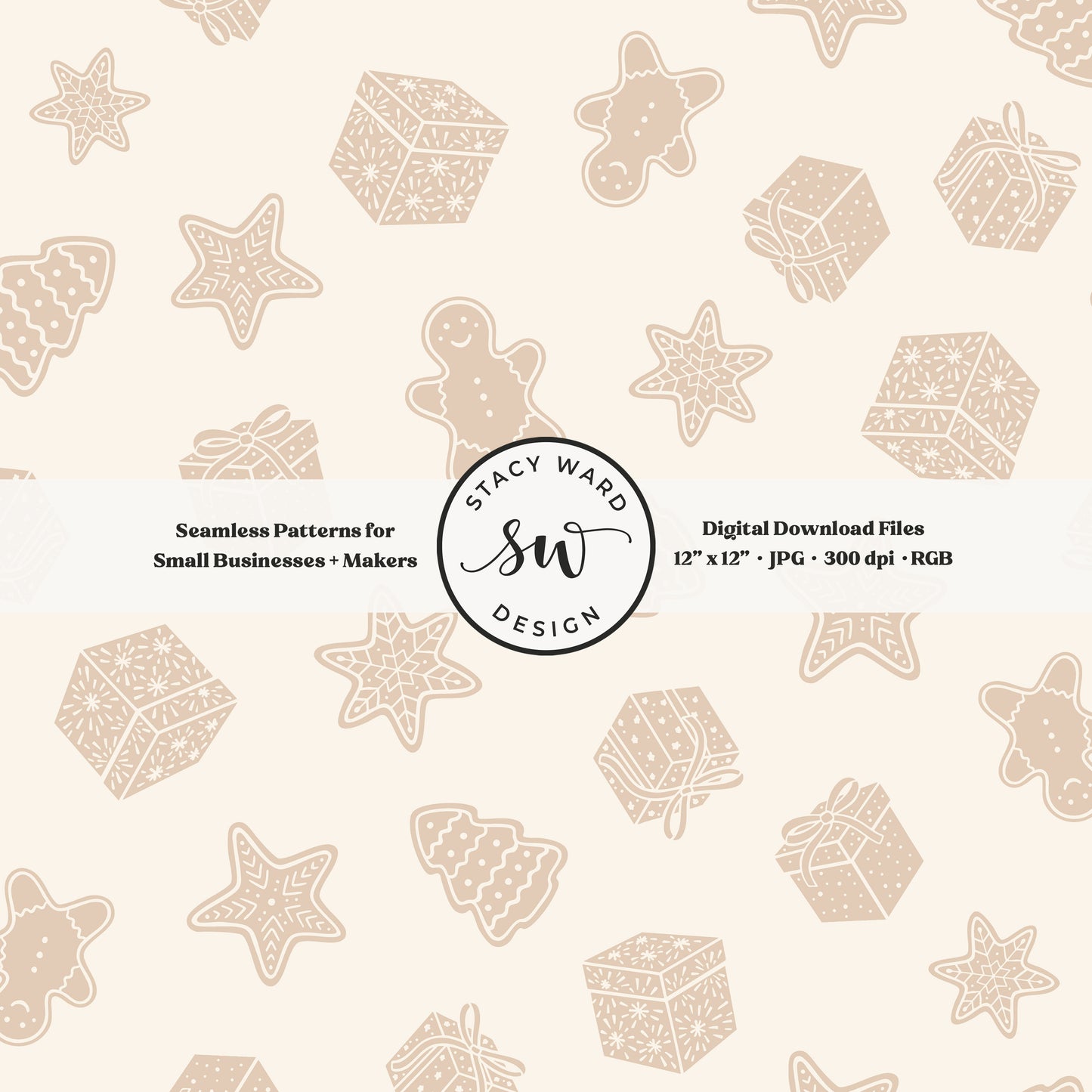 Nordic style holiday treasures seamless pattern in neutral tan on cream with wrapped gifts and whimsical christmas cookies