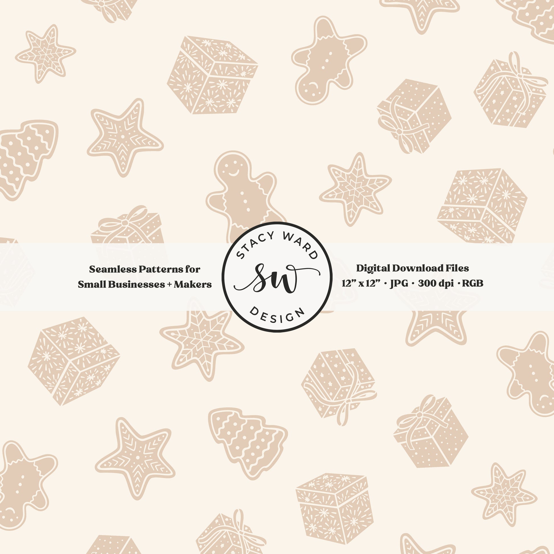 Nordic style holiday treasures seamless pattern in neutral tan on cream with wrapped gifts and whimsical christmas cookies