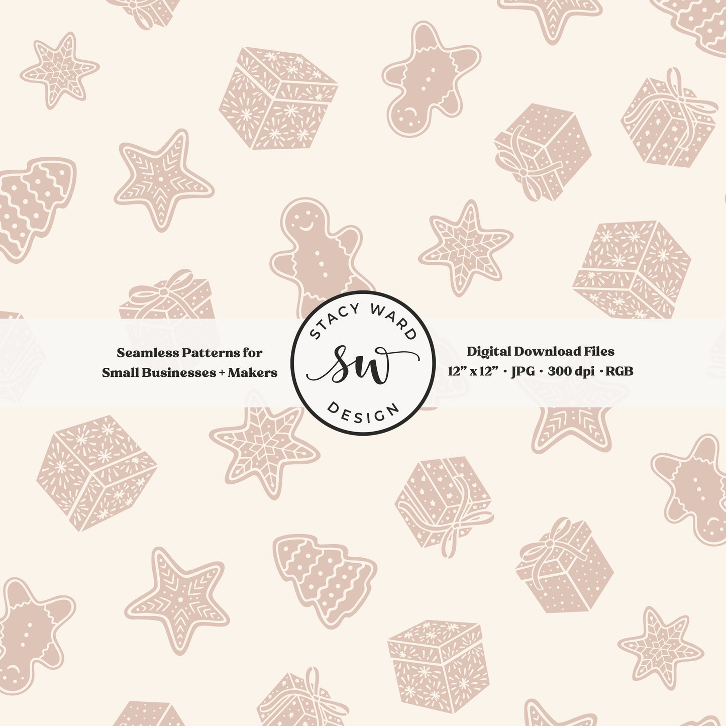 Nordic style holiday treasures seamless pattern in muted dusty rose on cream with wrapped gifts and whimsical christmas cookies