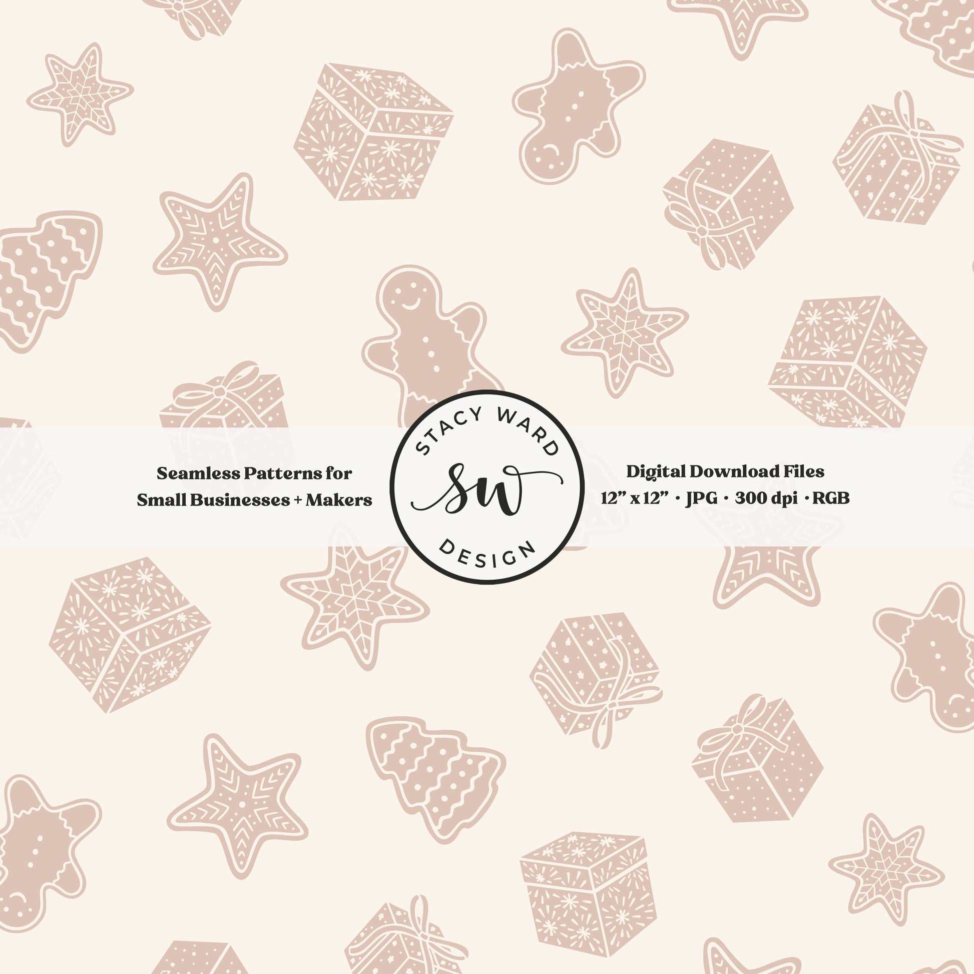 Nordic style holiday treasures seamless pattern in muted dusty rose on cream with wrapped gifts and whimsical christmas cookies