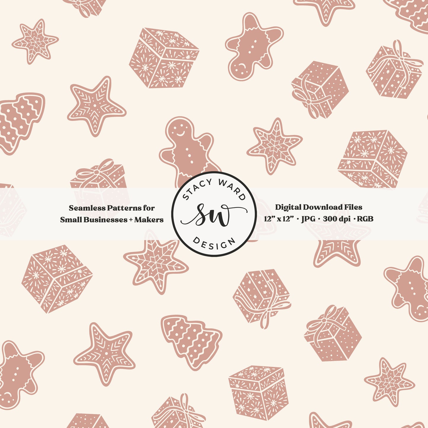 Nordic style holiday treasures seamless pattern in dusky pink on cream with wrapped gifts and whimsical christmas cookies
