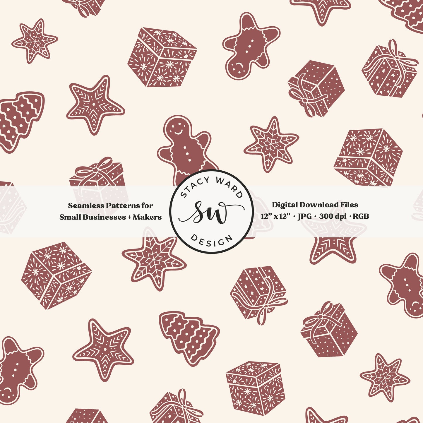 Nordic style holiday treasures seamless pattern in burgundy on cream with wrapped gifts and whimsical christmas cookies