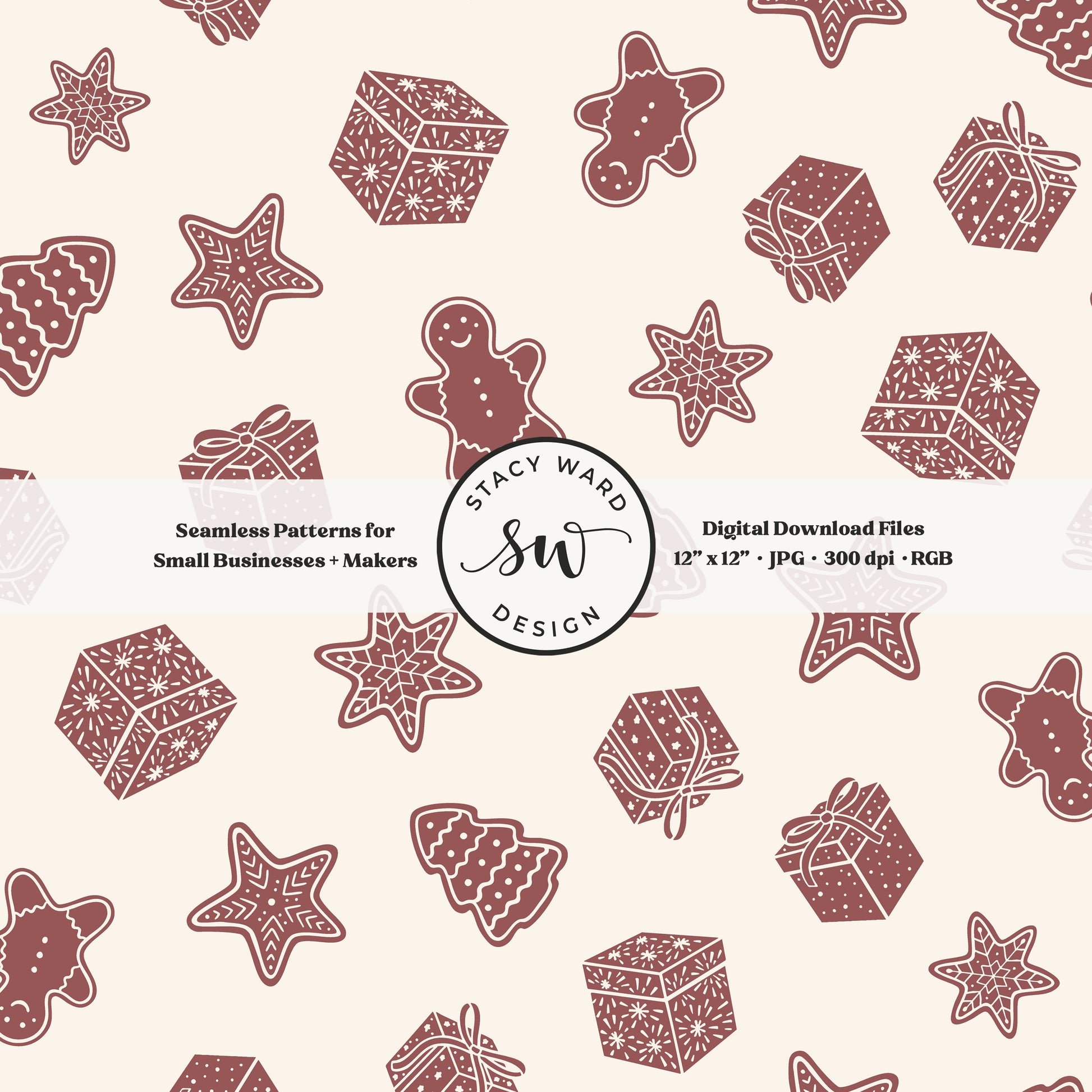 Nordic style holiday treasures seamless pattern in burgundy on cream with wrapped gifts and whimsical christmas cookies