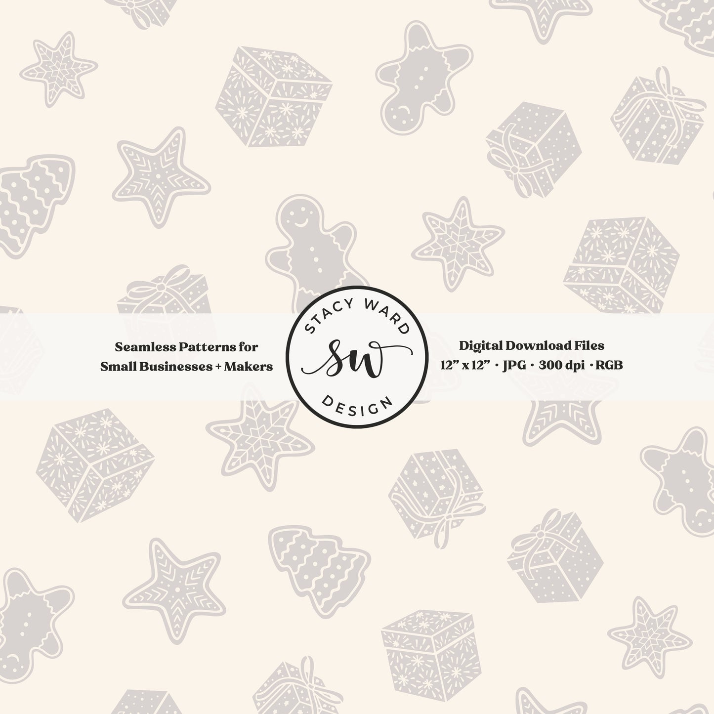 Nordic style holiday treasures seamless pattern in soft gray on cream with wrapped gifts and whimsical christmas cookies