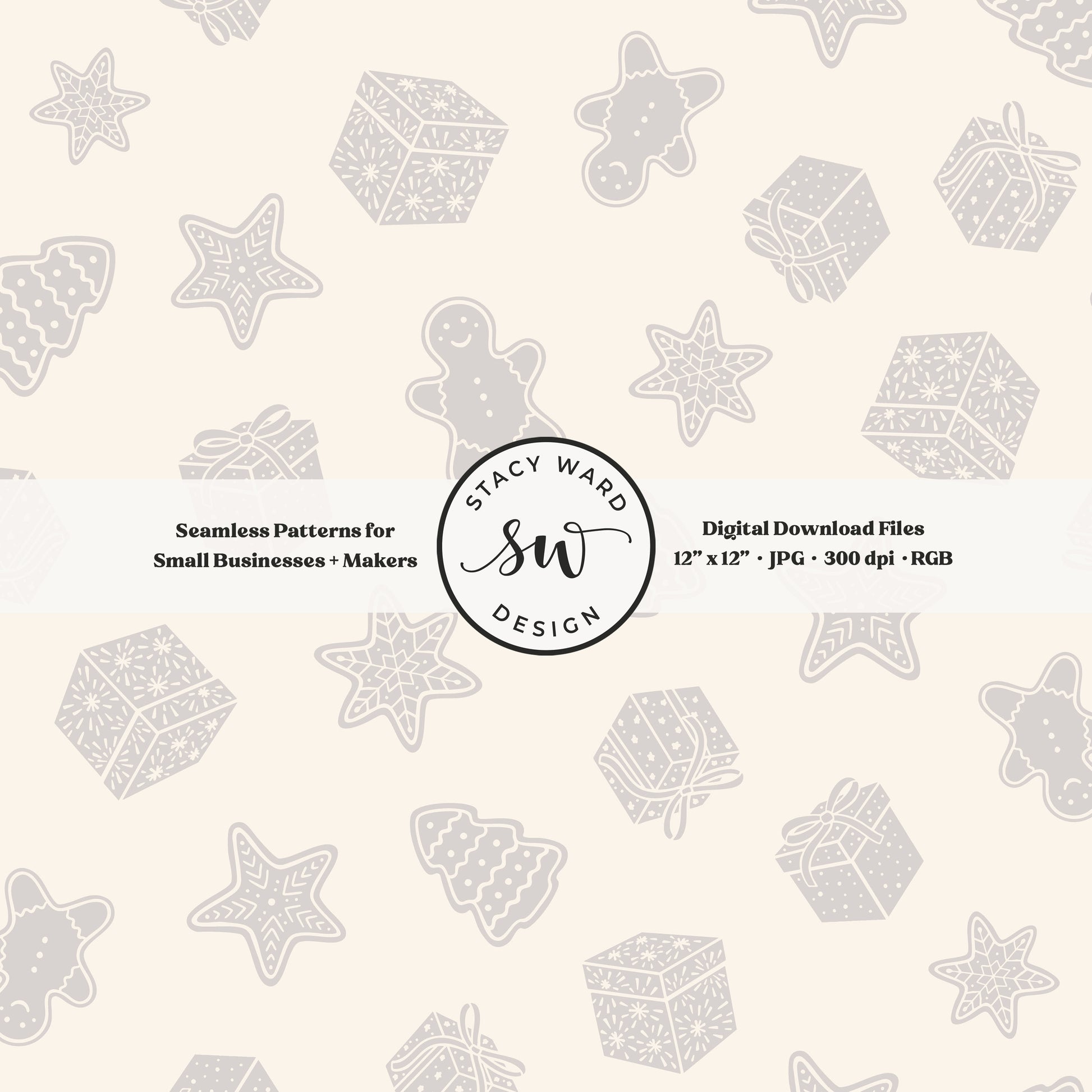 Nordic style holiday treasures seamless pattern in soft gray on cream with wrapped gifts and whimsical christmas cookies