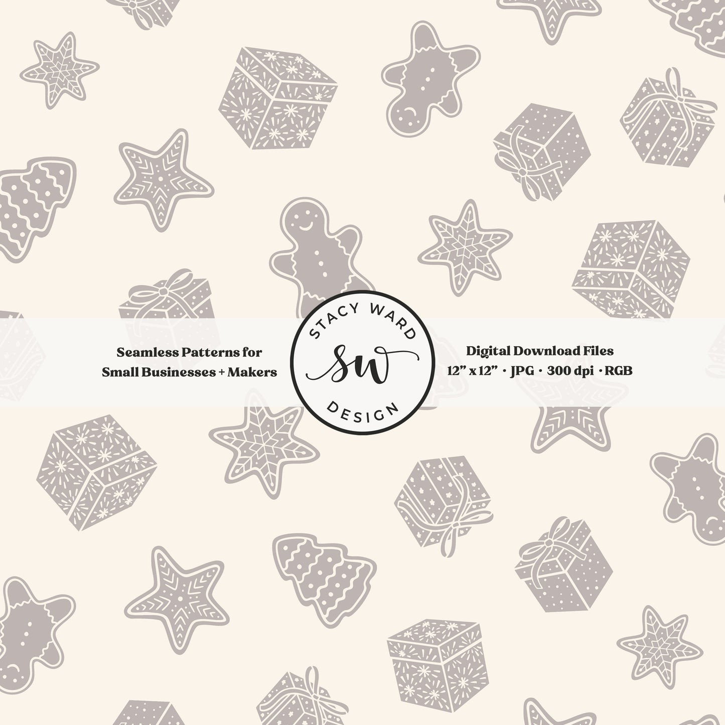 Nordic style holiday treasures seamless pattern in muted taupe on cream with wrapped gifts and whimsical christmas cookies