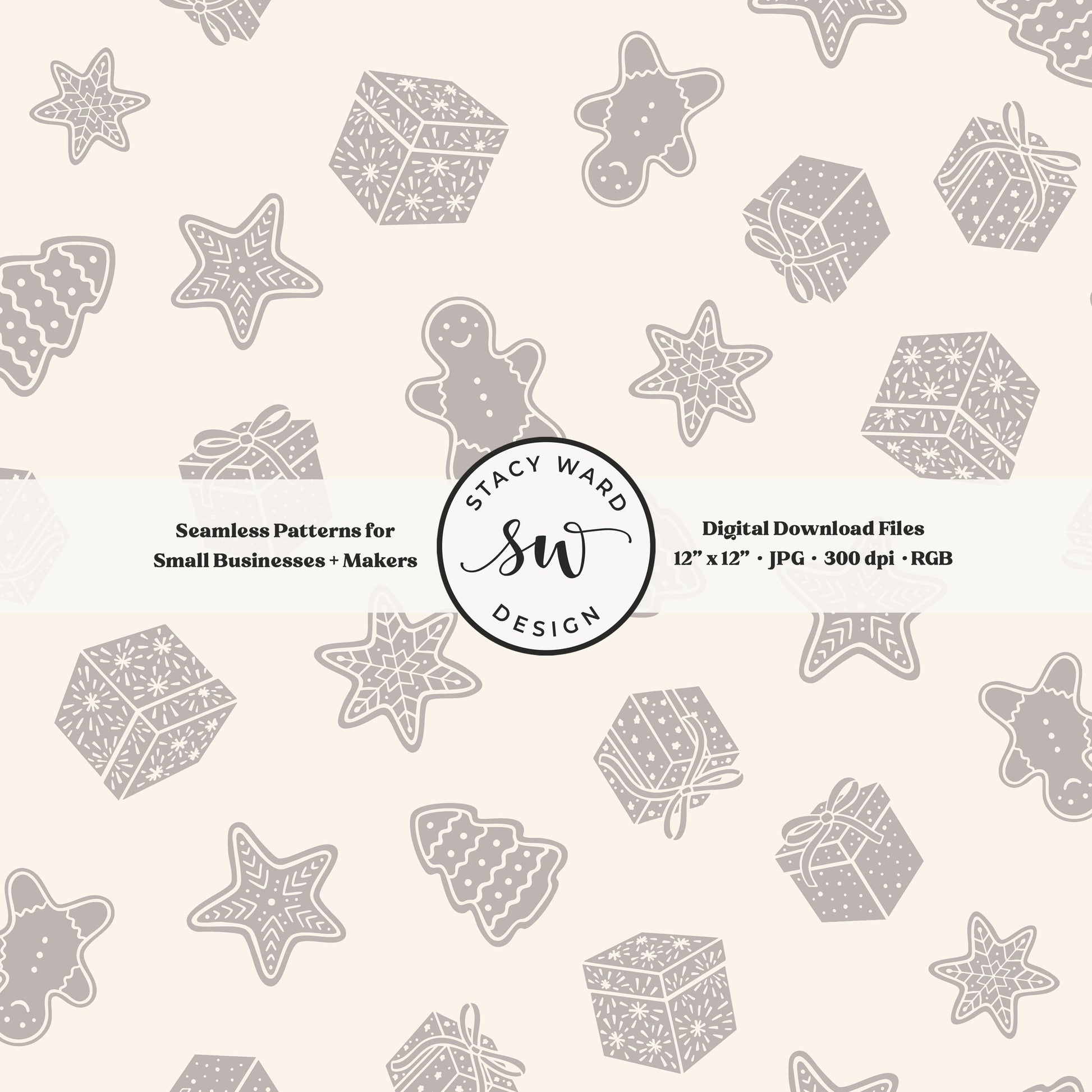 Nordic style holiday treasures seamless pattern in muted taupe on cream with wrapped gifts and whimsical christmas cookies