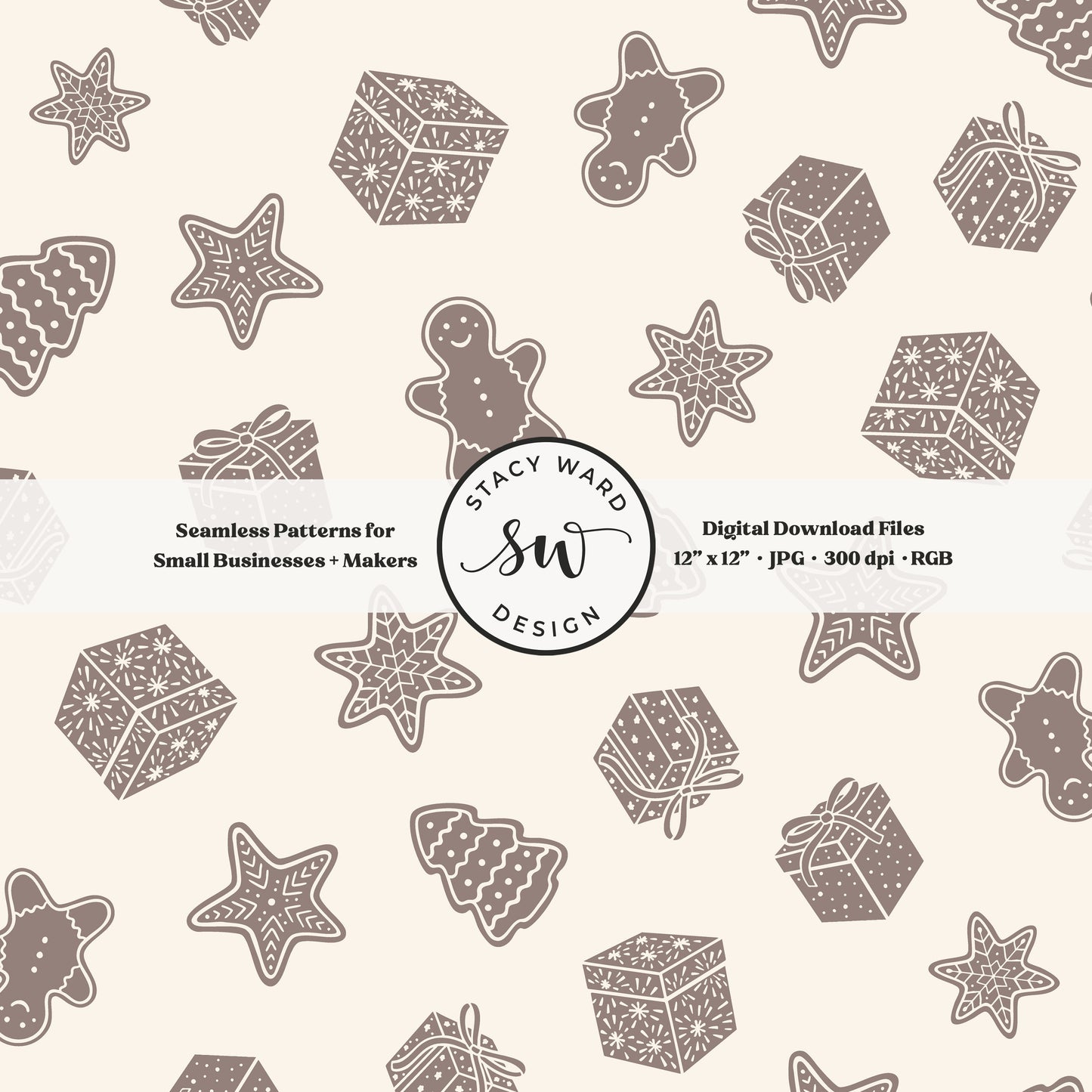 Nordic style holiday treasures seamless pattern in taupe beige on cream with wrapped gifts and whimsical christmas cookies