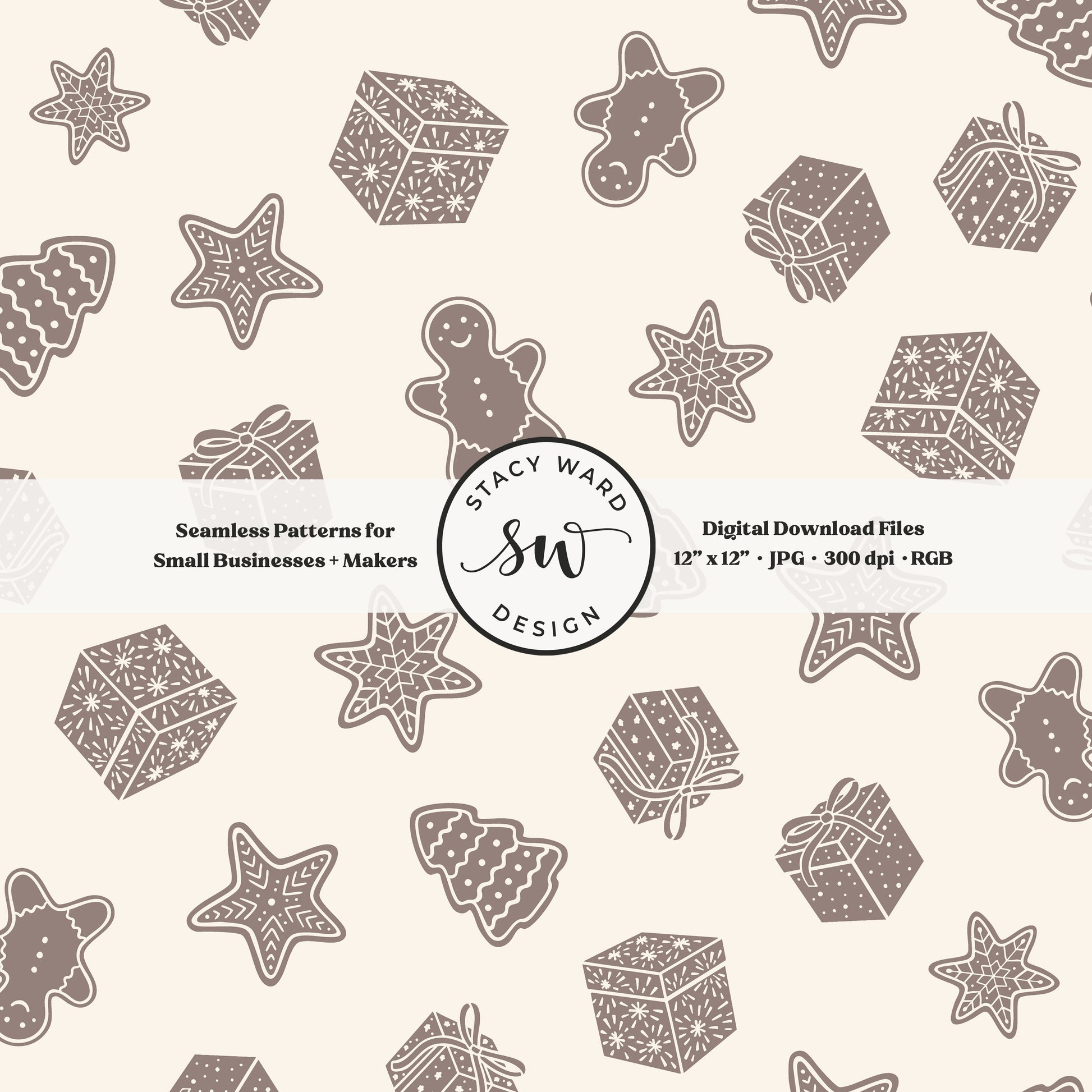 Nordic style holiday treasures seamless pattern in taupe beige on cream with wrapped gifts and whimsical christmas cookies