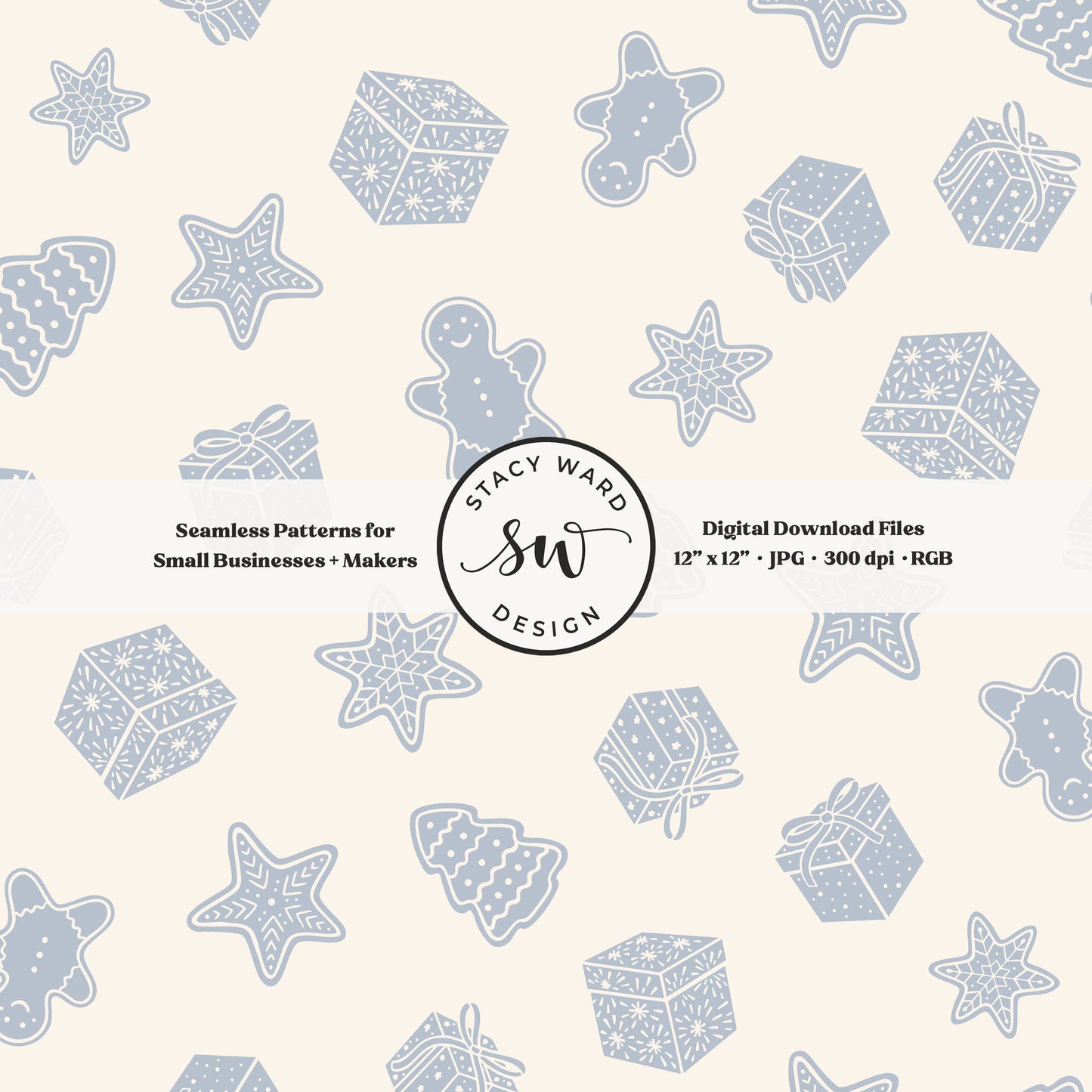 Nordic style holiday treasures seamless pattern in pastel blue on cream with wrapped gifts and whimsical christmas cookies