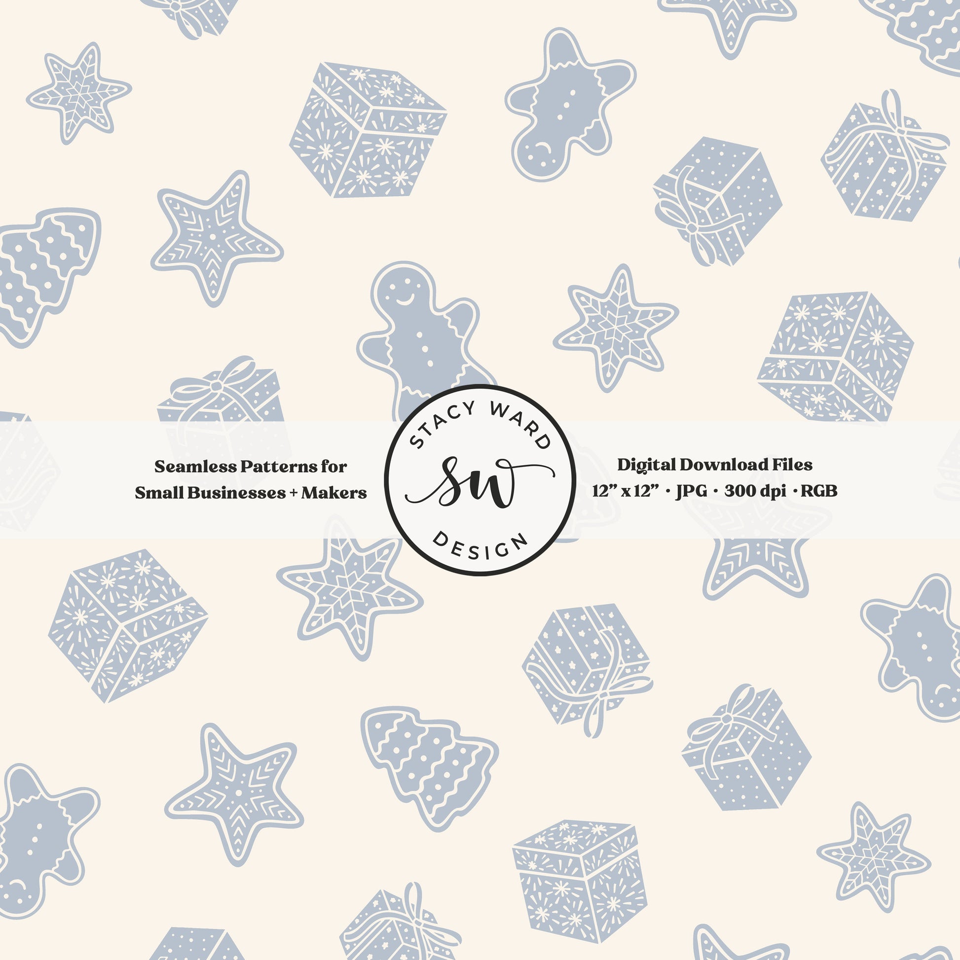 Nordic style holiday treasures seamless pattern in pastel blue on cream with wrapped gifts and whimsical christmas cookies