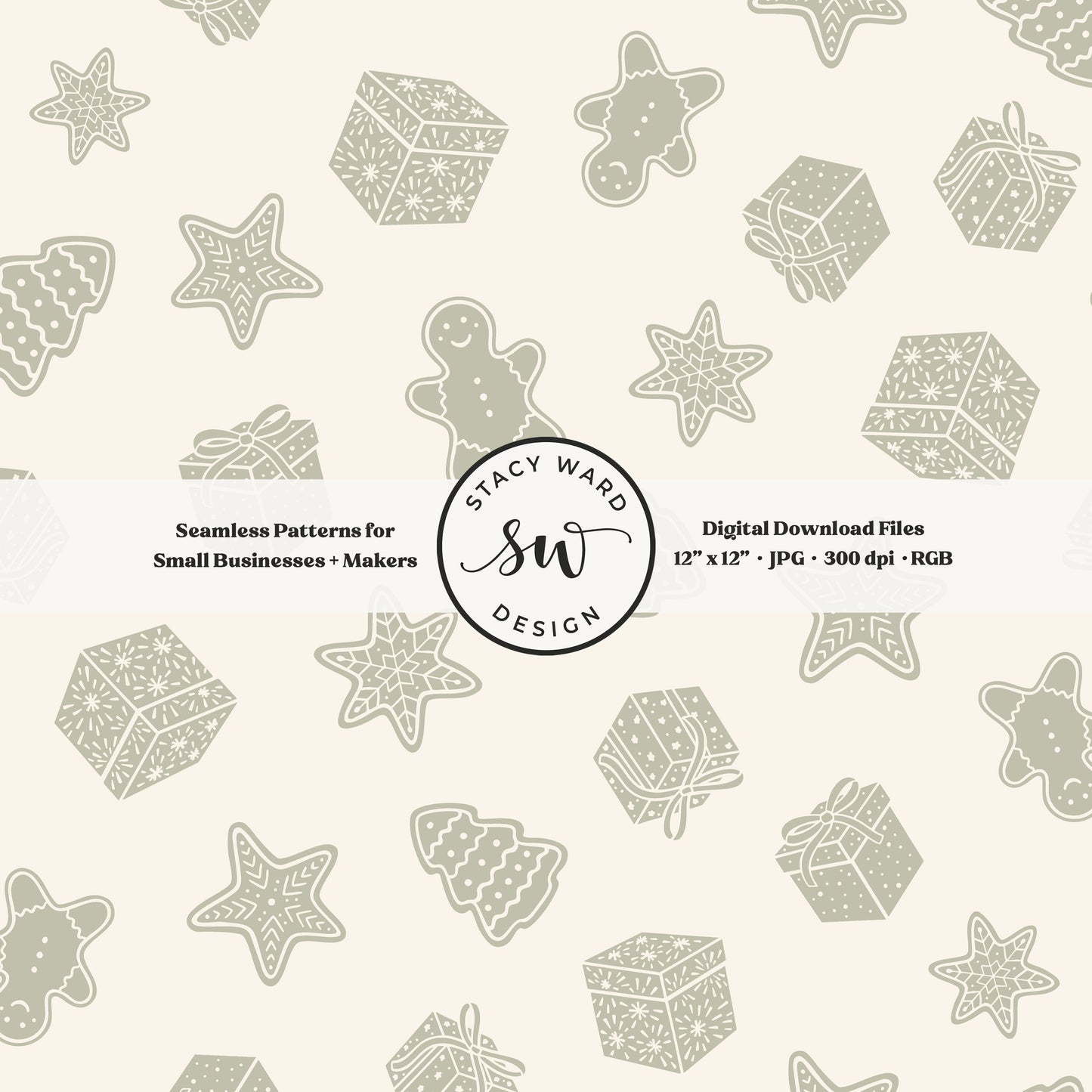 Nordic style holiday treasures seamless pattern in sage green on cream with wrapped gifts and whimsical christmas cookies