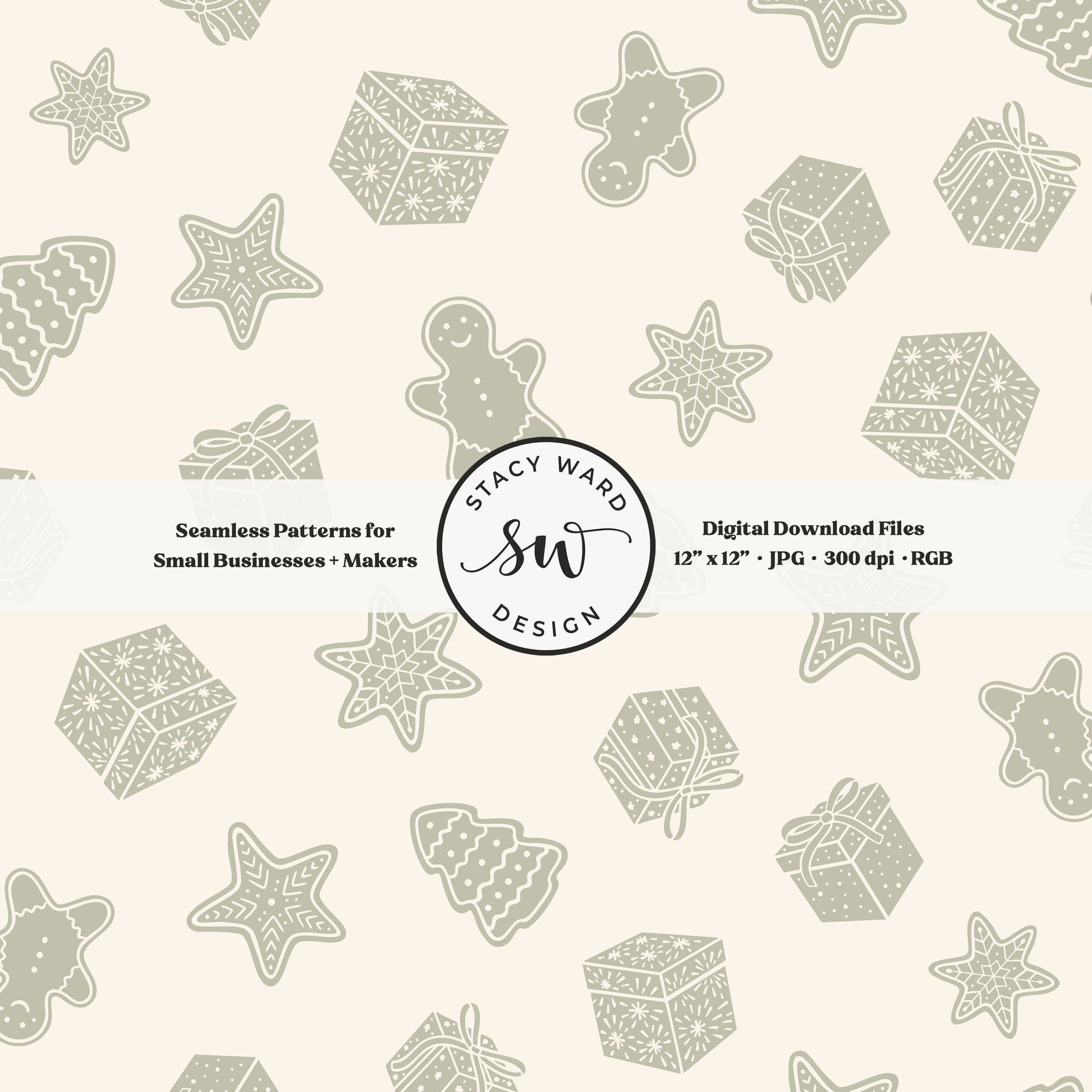 Nordic style holiday treasures seamless pattern in sage green on cream with wrapped gifts and whimsical christmas cookies