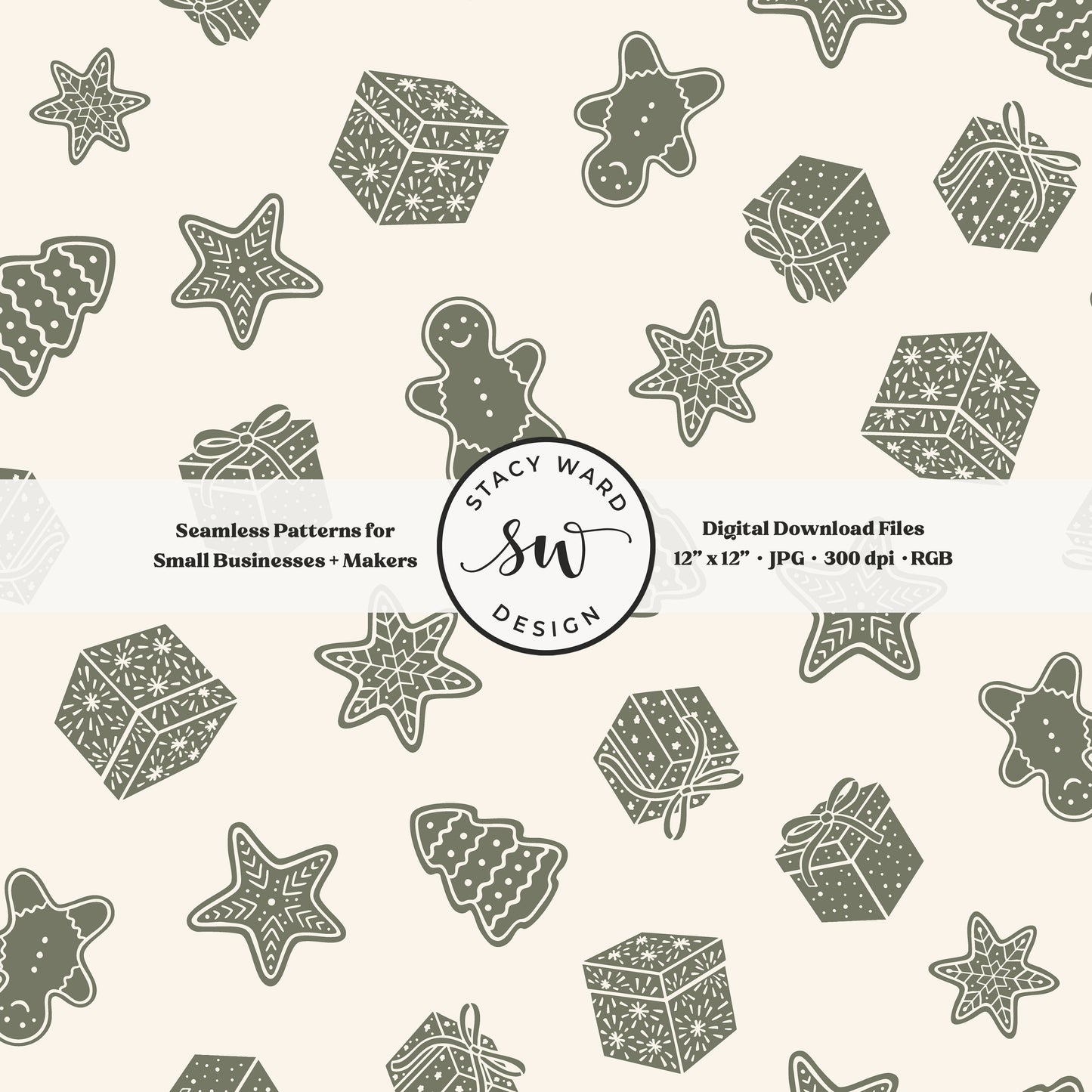 Nordic style holiday treasures seamless pattern in camouflage green on cream with wrapped gifts and whimsical christmas cookies