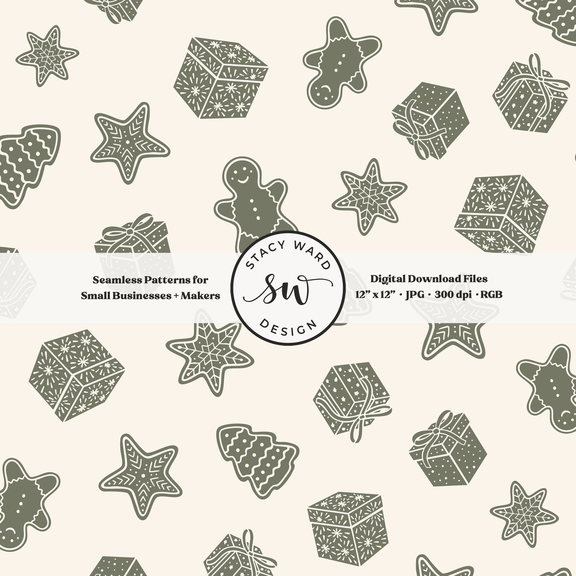 Nordic style holiday treasures seamless pattern in camouflage green on cream with wrapped gifts and whimsical christmas cookies