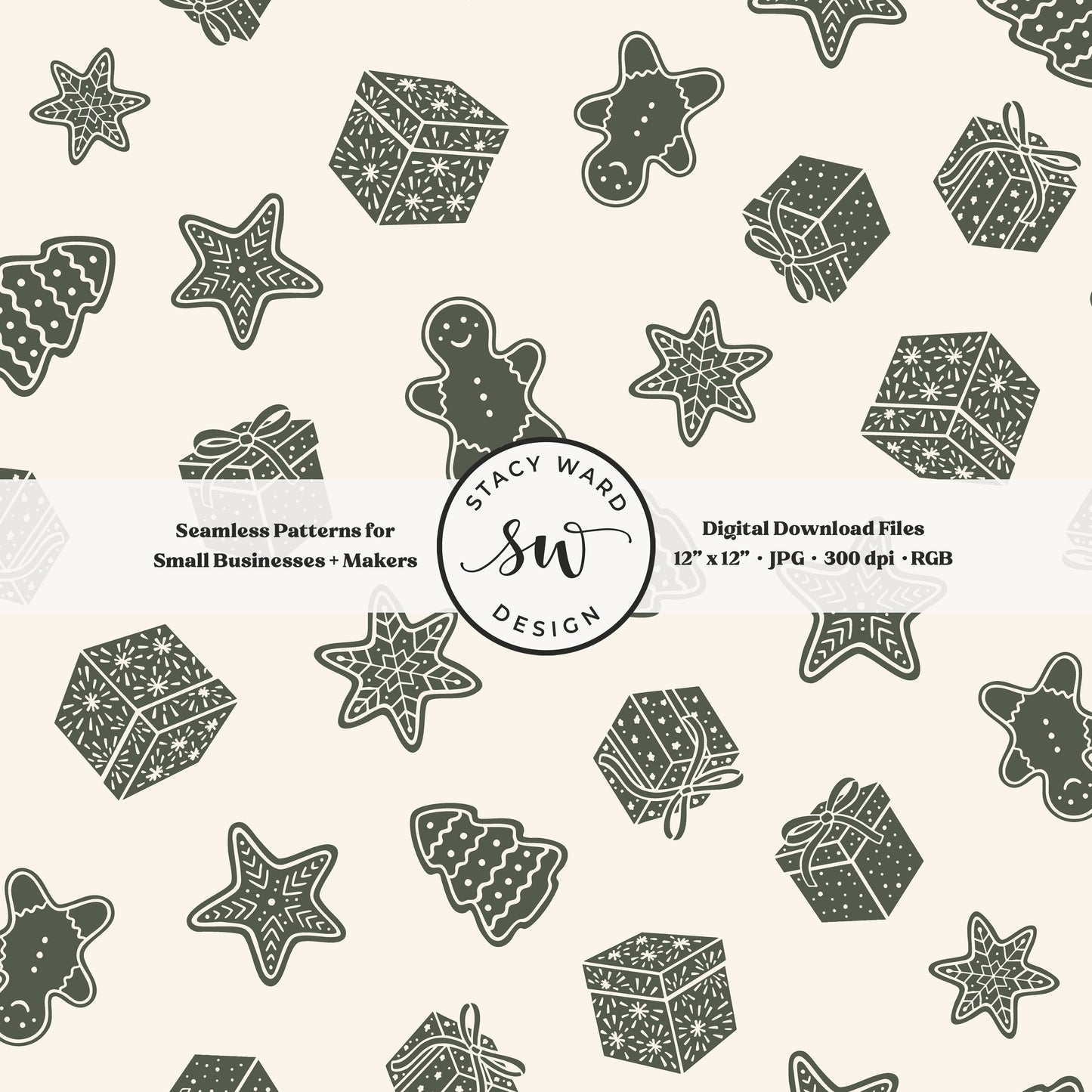 Nordic style holiday treasures seamless pattern in dark green on cream with wrapped gifts and whimsical christmas cookies