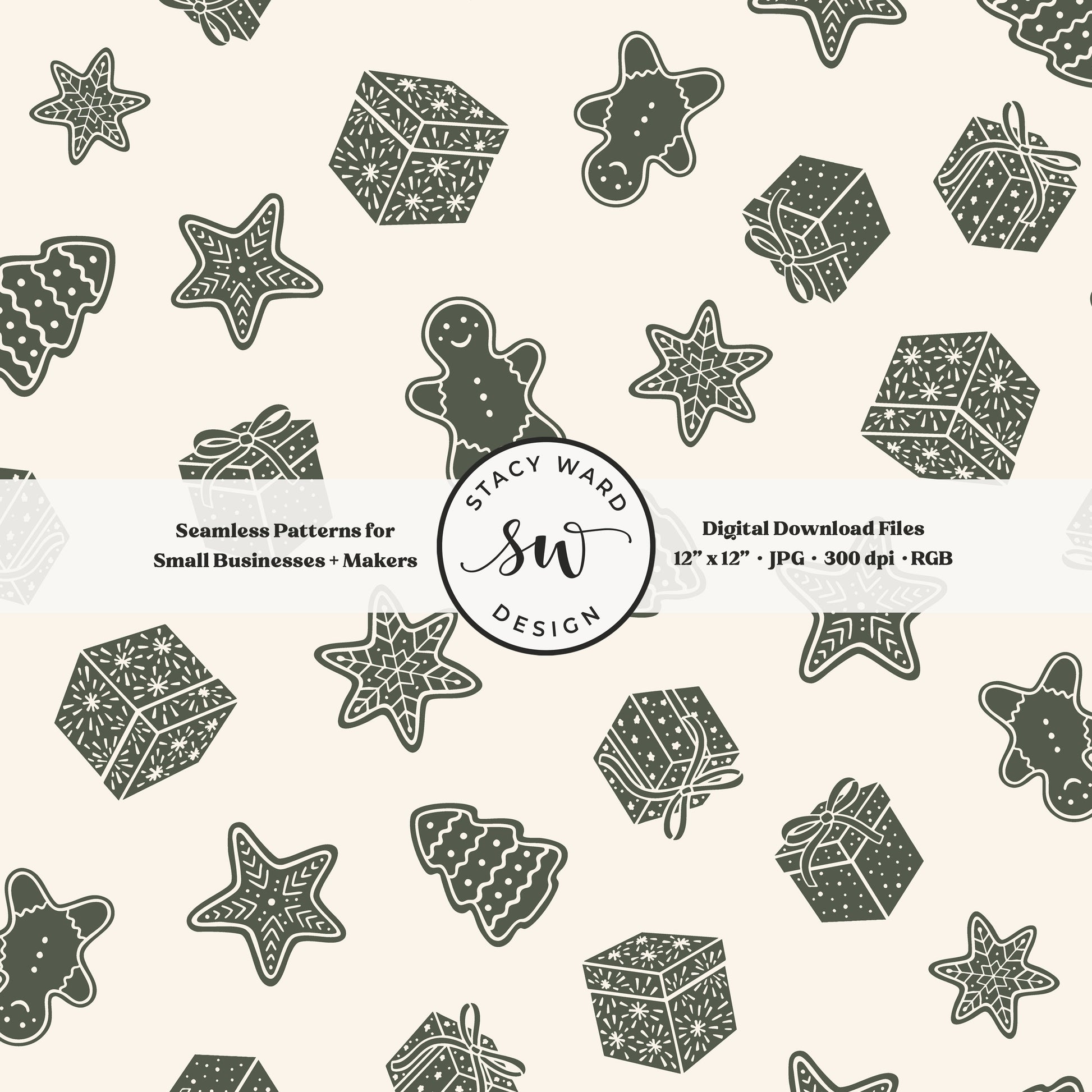 Nordic style holiday treasures seamless pattern in dark green on cream with wrapped gifts and whimsical christmas cookies