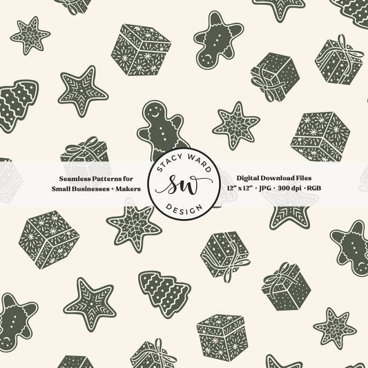 Nordic style holiday treasures seamless pattern in dark green on cream with wrapped gifts and whimsical christmas cookies