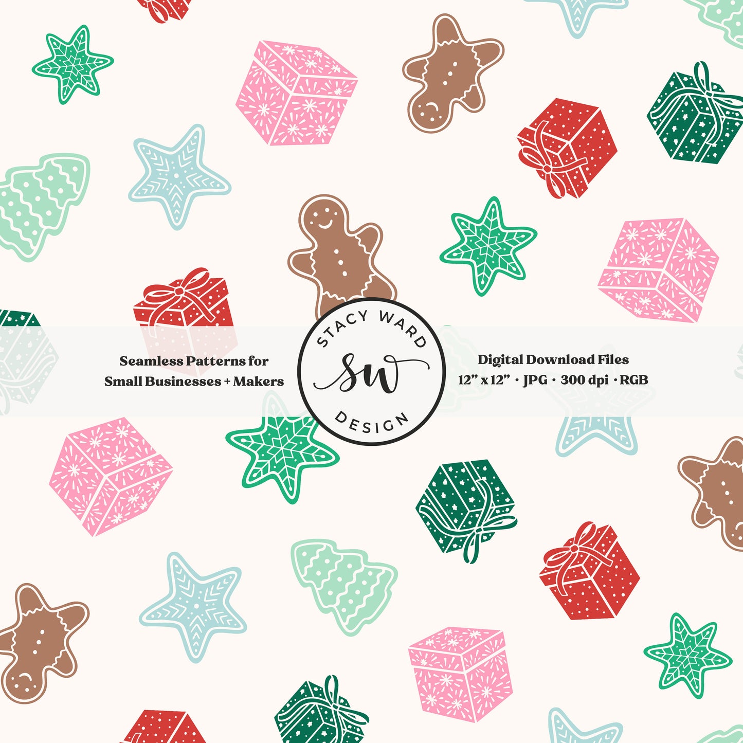 Festive holiday treasures seamless pattern in retro bright colors on cream with wrapped gifts and whimsical christmas cookies