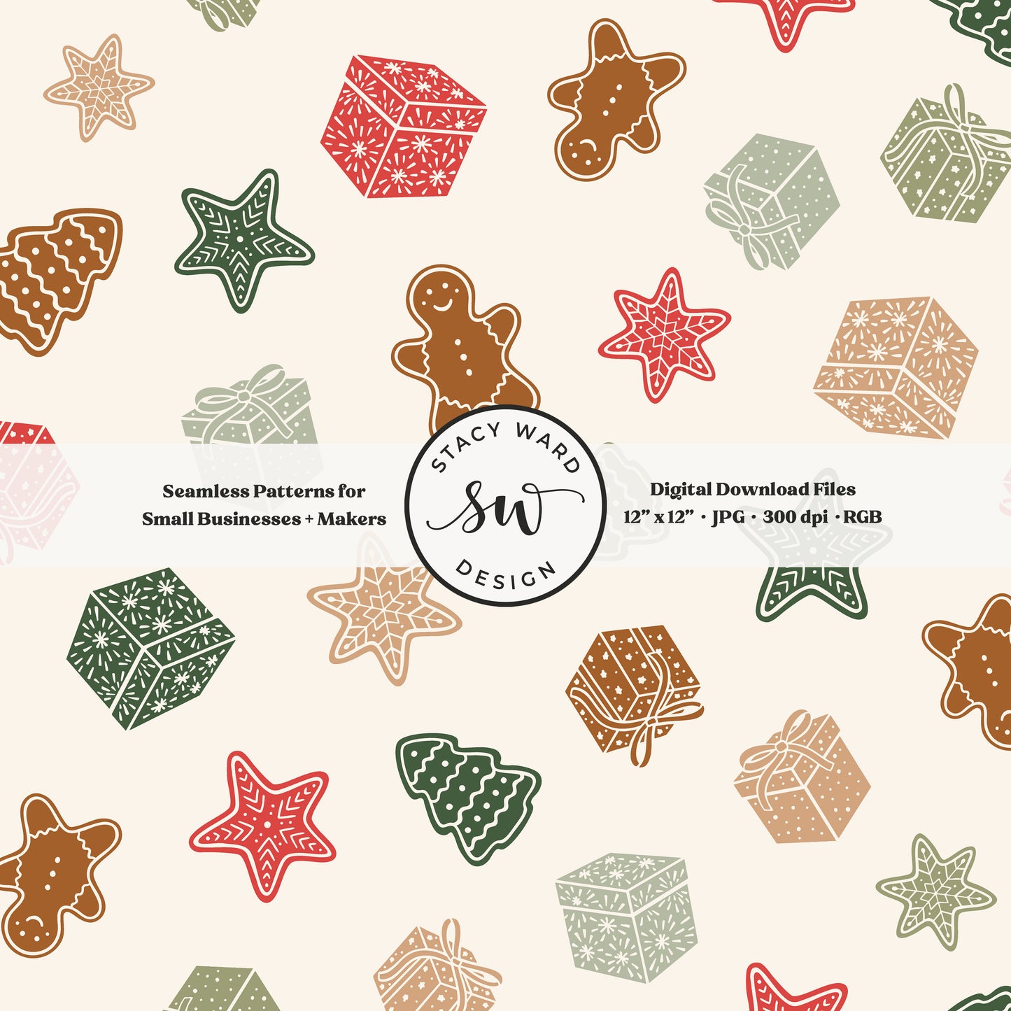 Festive holiday treasures seamless pattern in classic colors on cream with wrapped gifts and whimsical christmas cookies