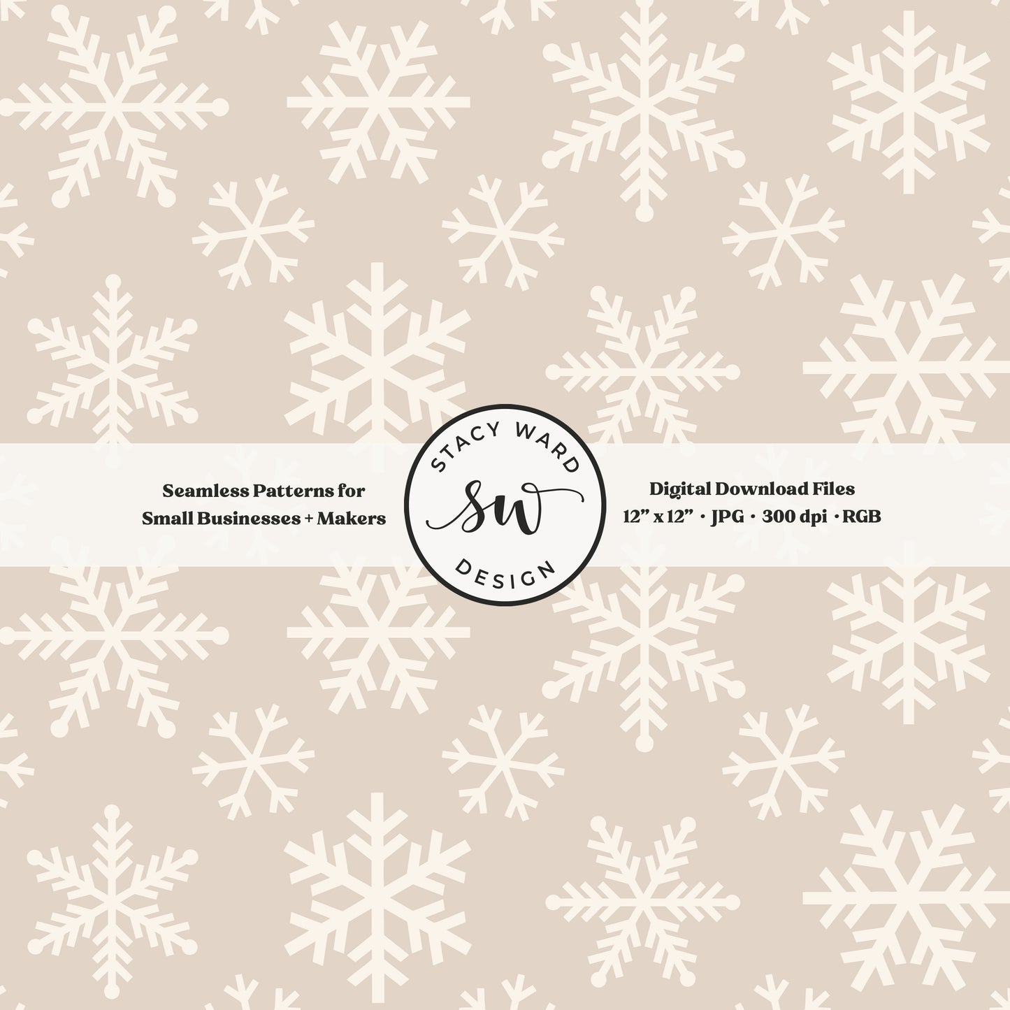 Scandinavian style snowflakes seamless pattern in cream on neutral tan tossed allover ice crystals