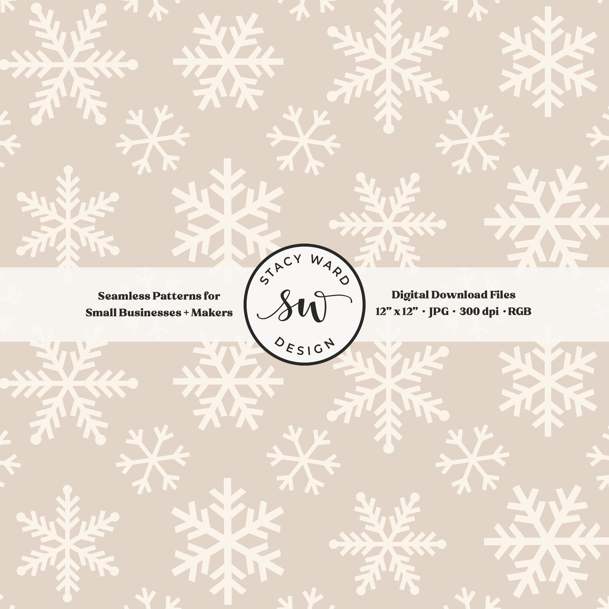 Scandinavian style snowflakes seamless pattern in cream on neutral tan tossed allover ice crystals
