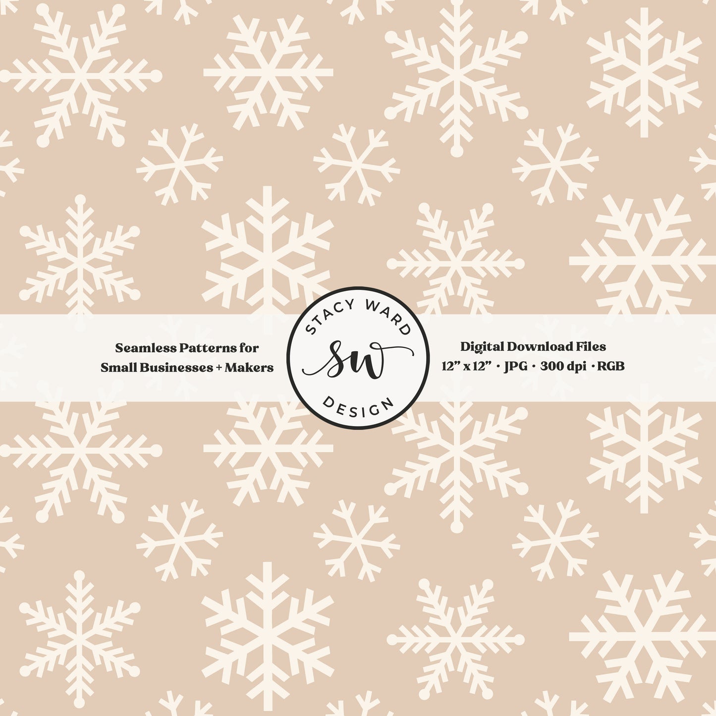 Scandinavian style snowflakes seamless pattern in cream on warm beige tossed allover ice crystals