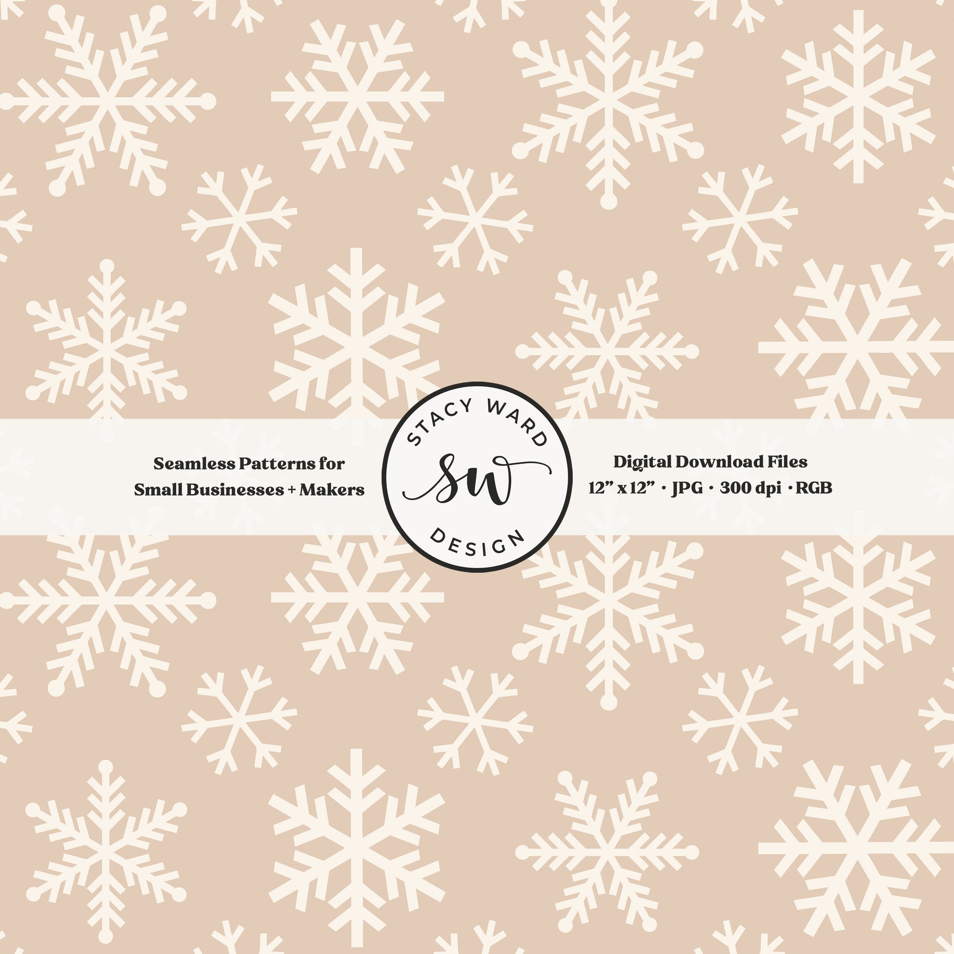 Scandinavian style snowflakes seamless pattern in cream on warm beige tossed allover ice crystals