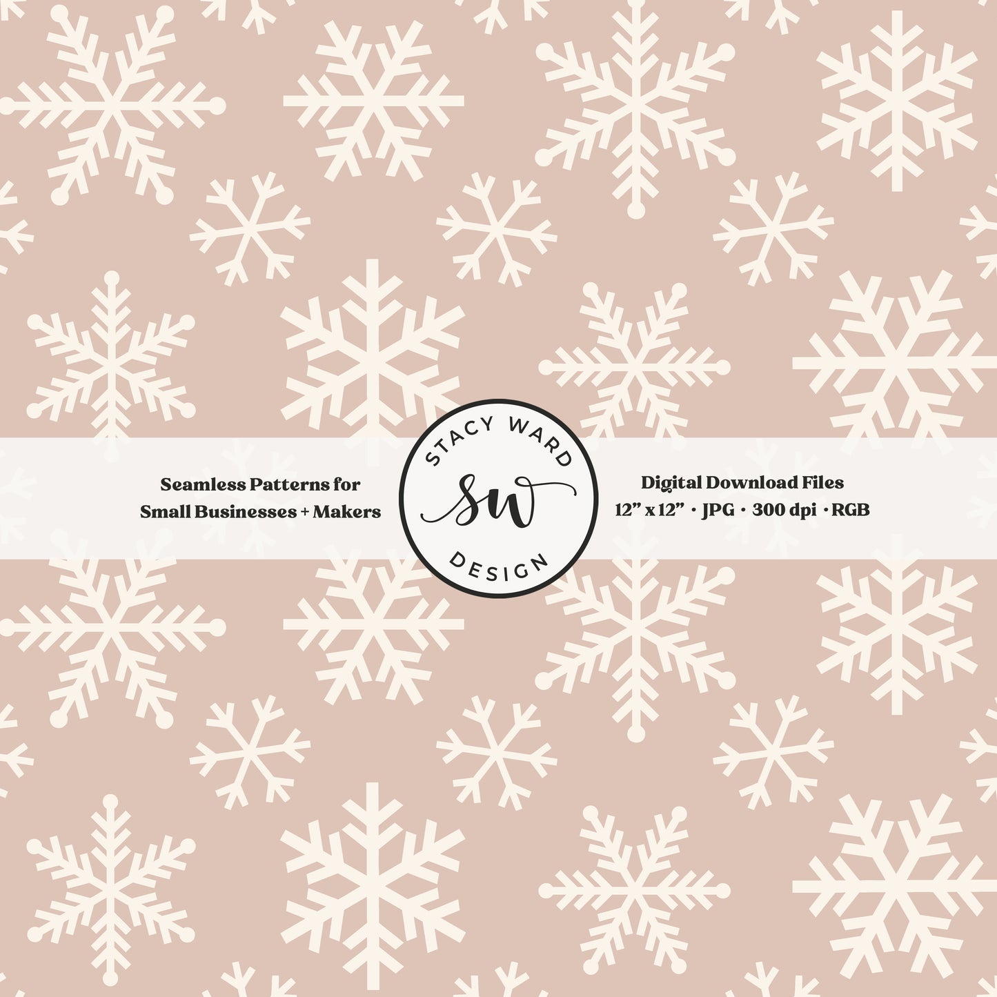 Scandinavian style snowflakes seamless pattern in cream on blush pink tossed allover ice crystals