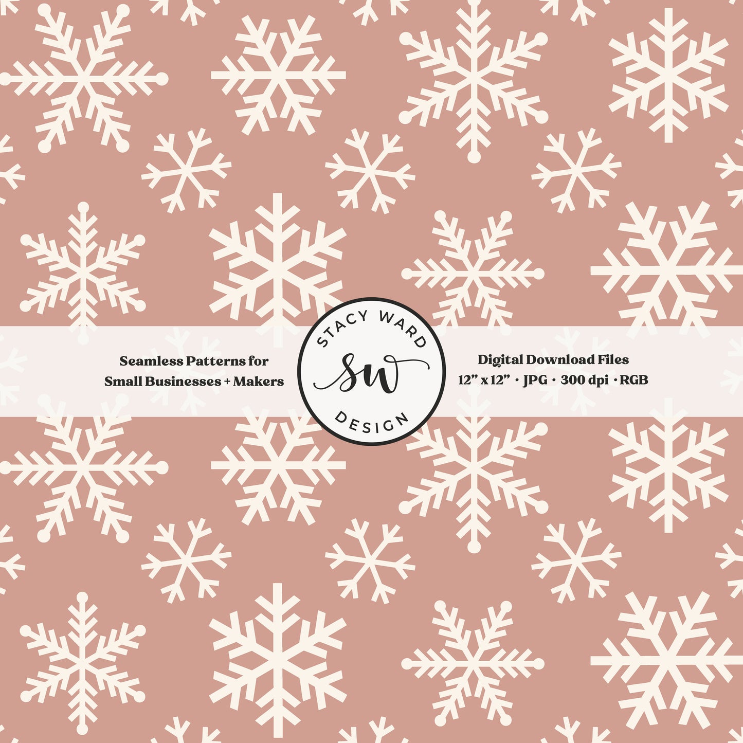 Scandinavian style snowflakes seamless pattern in cream on dusty rose tossed allover ice crystals