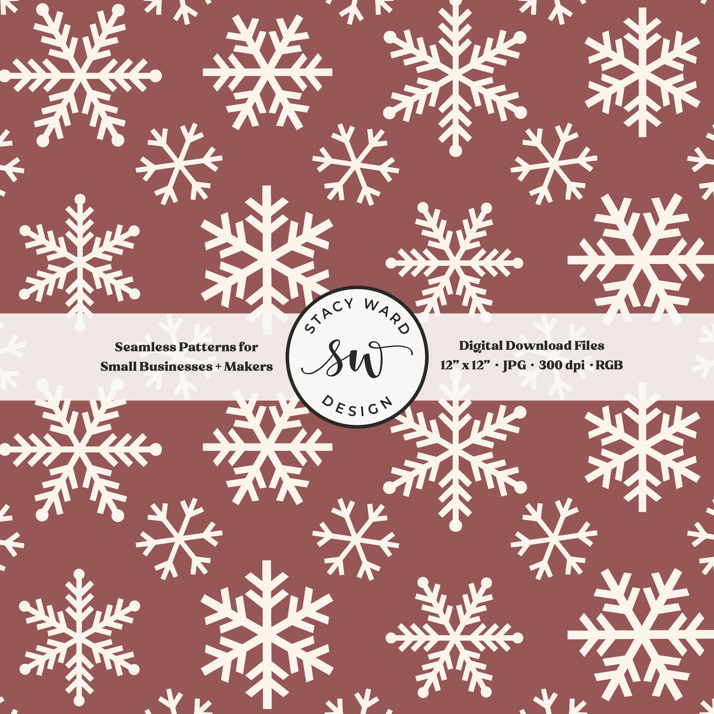 Scandinavian style snowflakes seamless pattern in cream on rose taupe tossed allover ice crystals