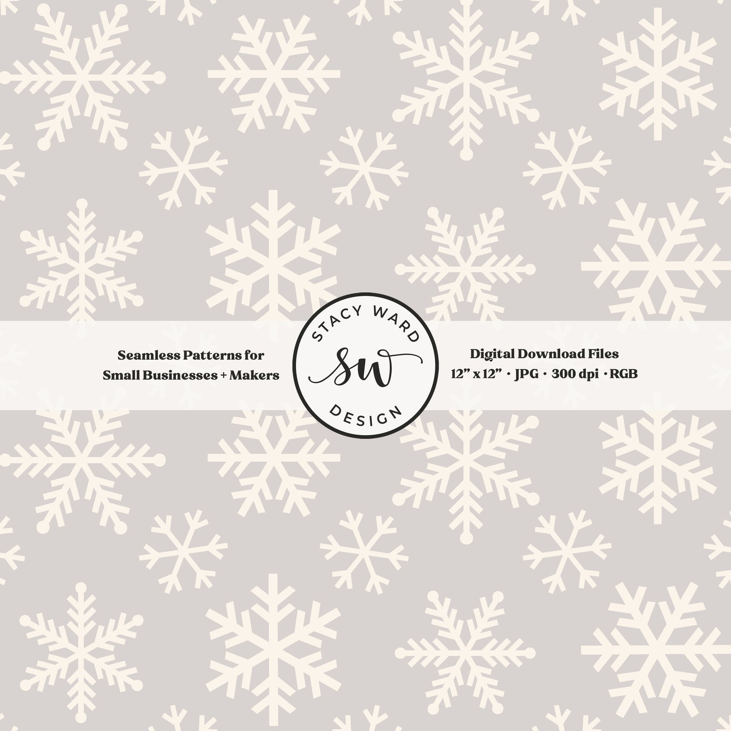Scandinavian style snowflakes seamless pattern in cream on light gray tossed allover ice crystals