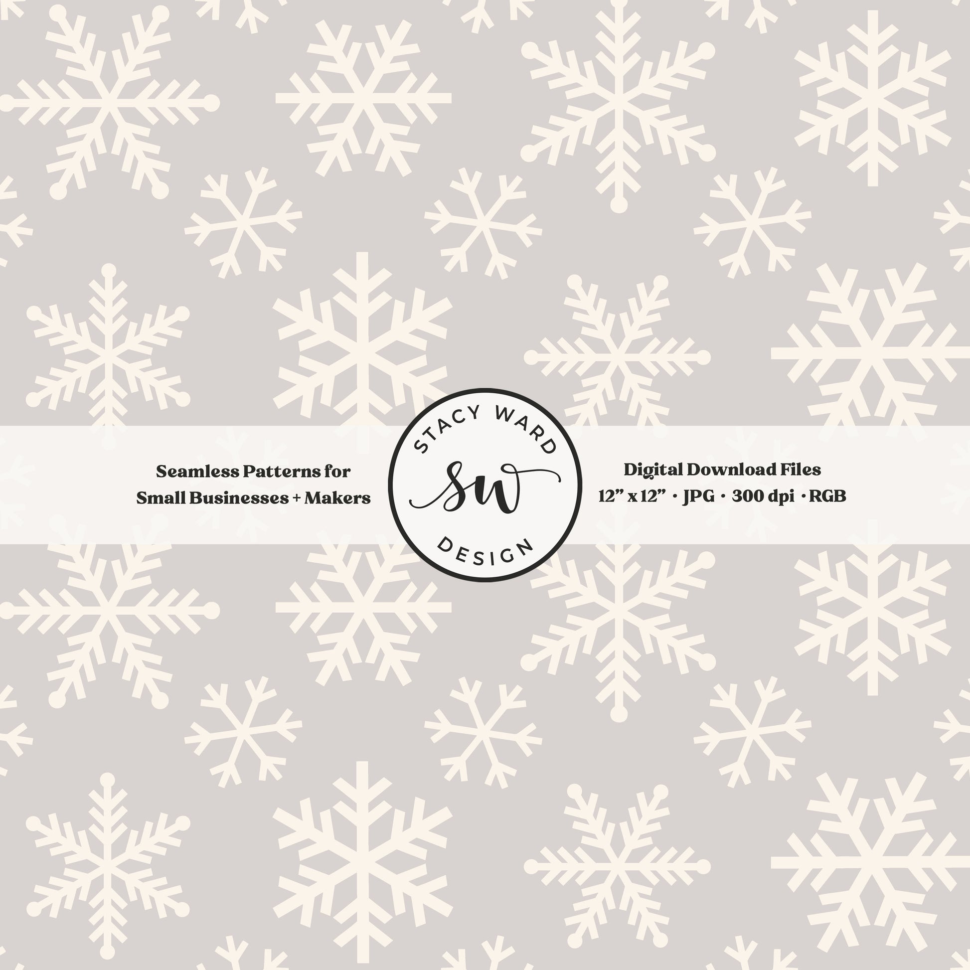 Scandinavian style snowflakes seamless pattern in cream on light gray tossed allover ice crystals