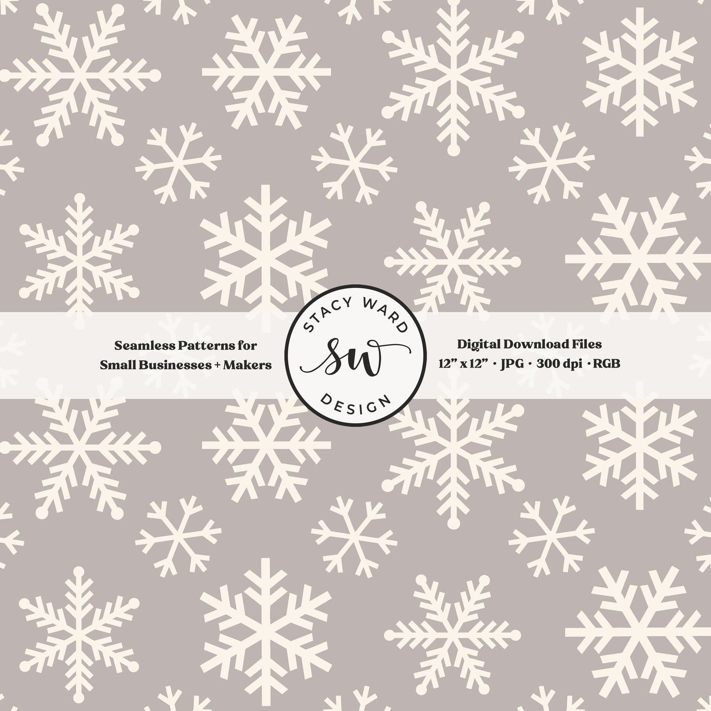 Scandinavian style snowflakes seamless pattern in cream on gray brown tossed allover ice crystals