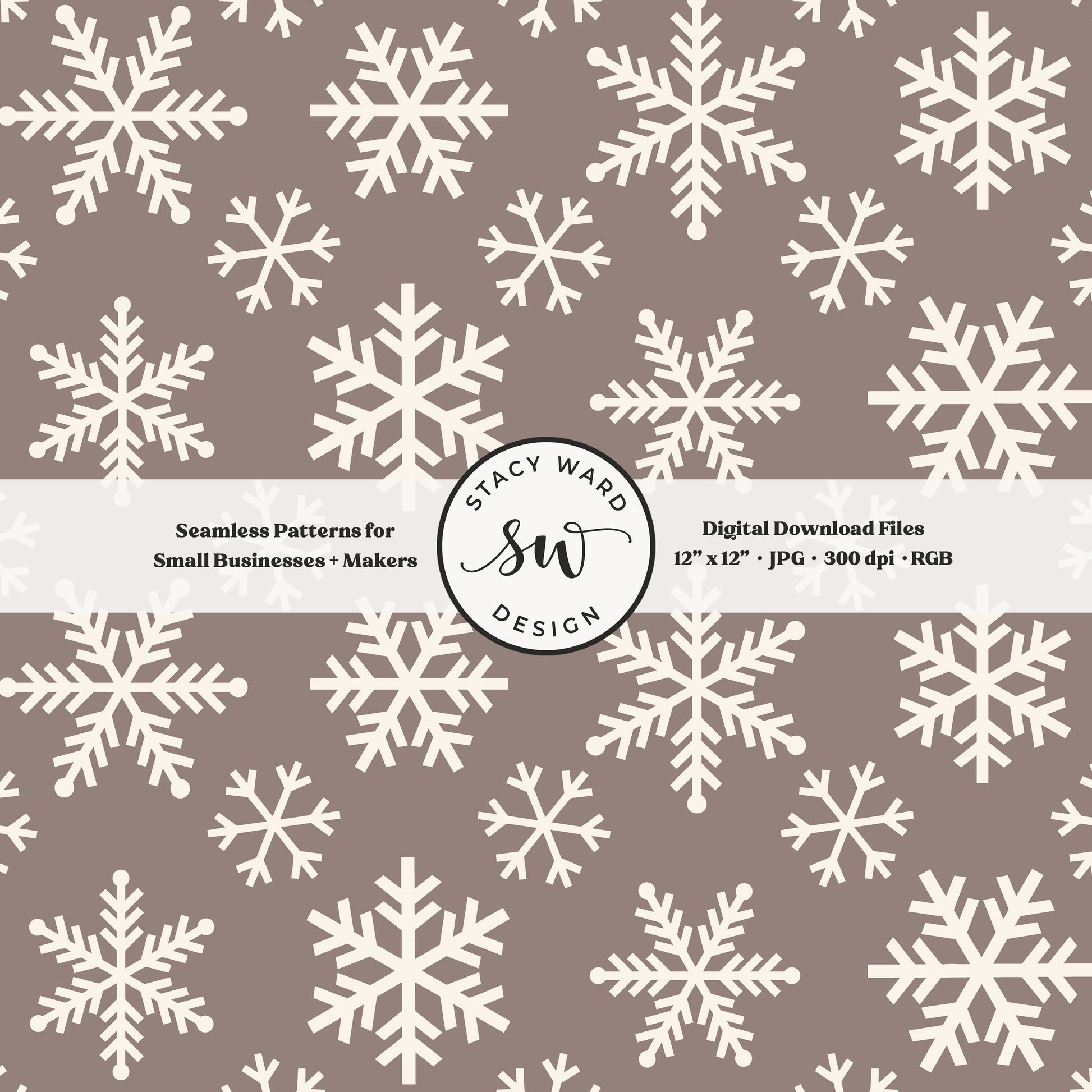 Scandinavian style snowflakes seamless pattern in cream on taupe greige tossed allover ice crystals