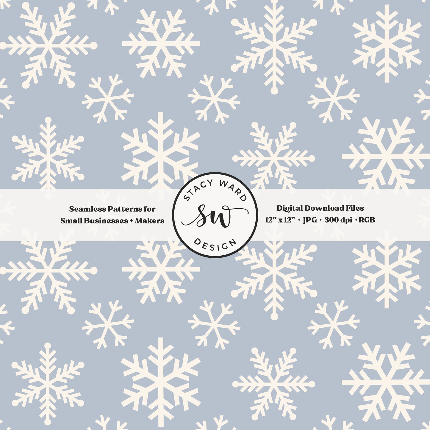 Scandinavian style snowflakes seamless pattern in cream on pastel blue tossed allover ice crystals