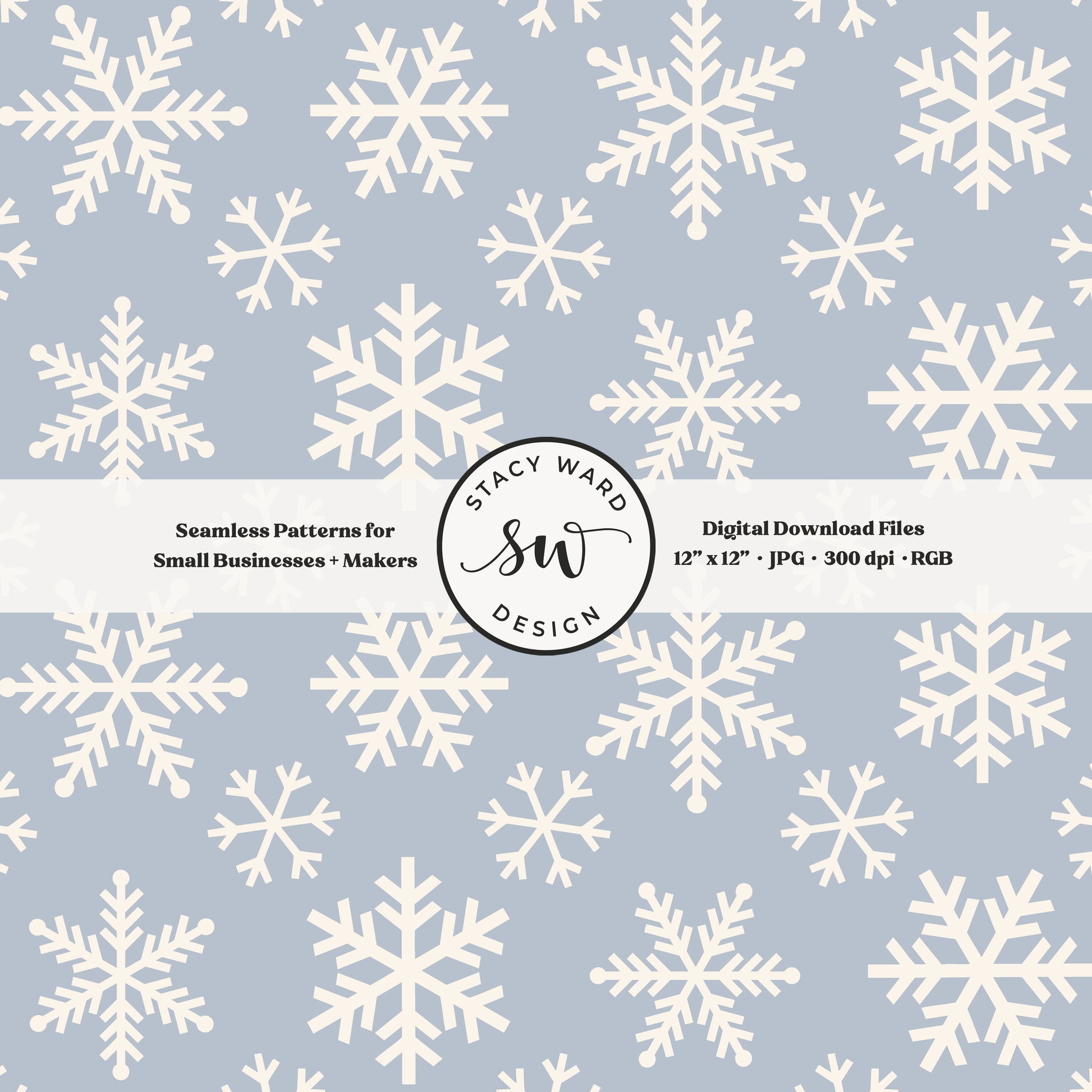 Scandinavian style snowflakes seamless pattern in cream on pastel blue tossed allover ice crystals