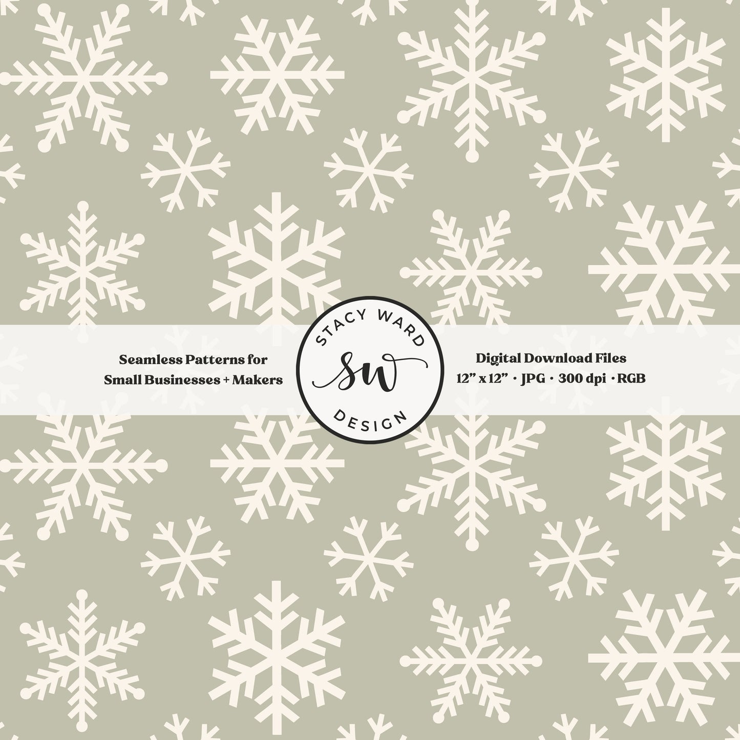 Scandinavian style snowflakes seamless pattern in cream on sage green tossed allover ice crystals