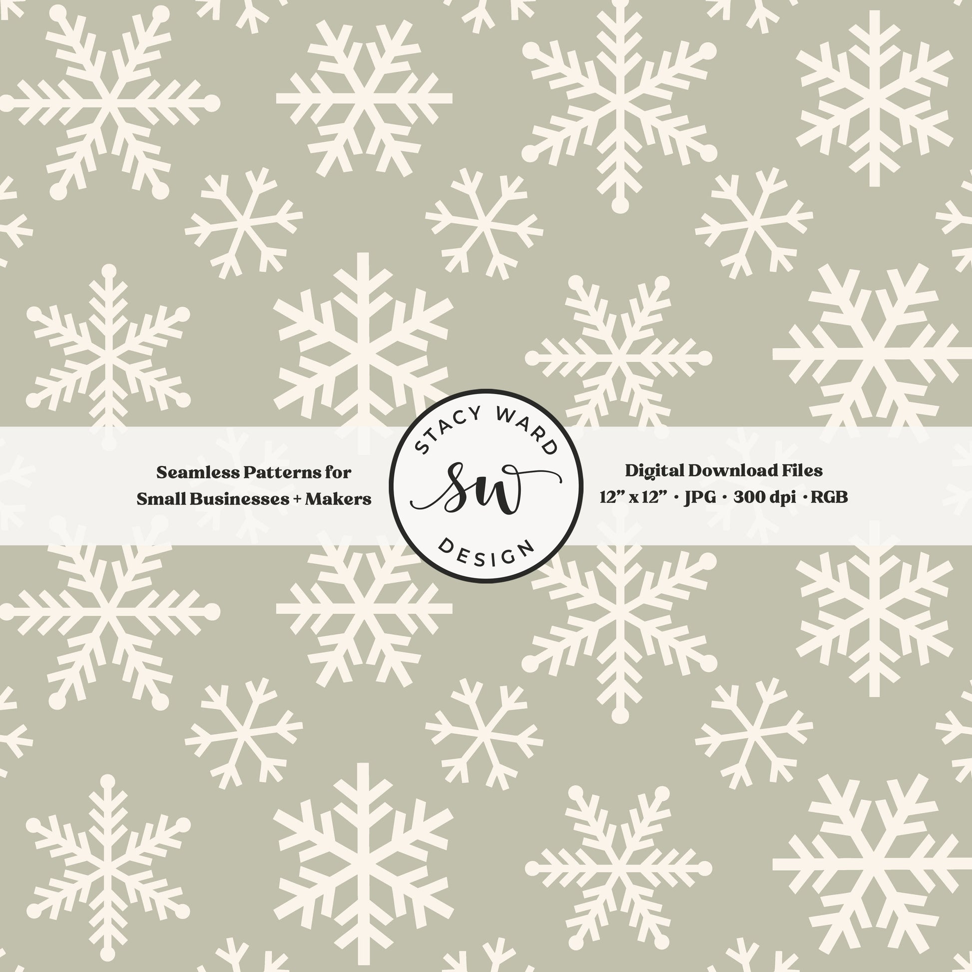 Scandinavian style snowflakes seamless pattern in cream on sage green tossed allover ice crystals