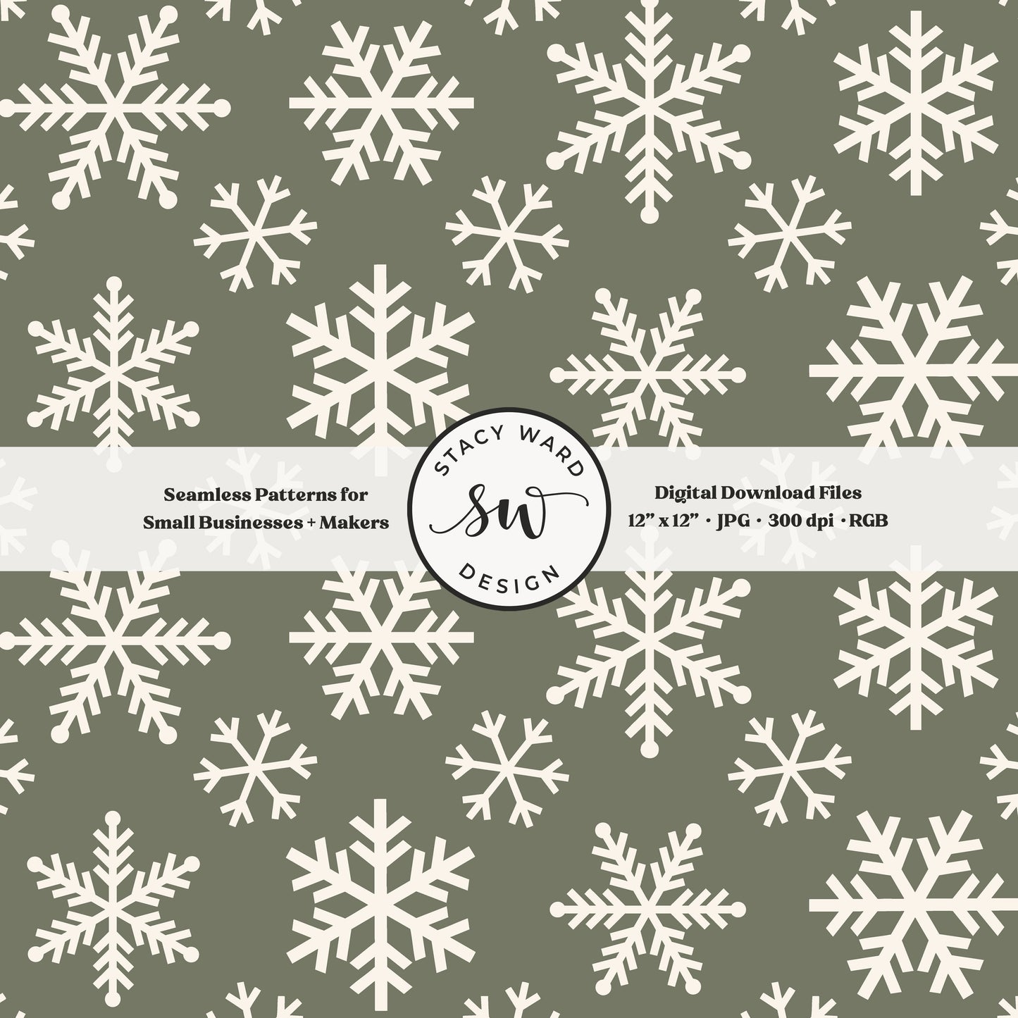Scandinavian style snowflakes seamless pattern in cream on olive green tossed allover ice crystals