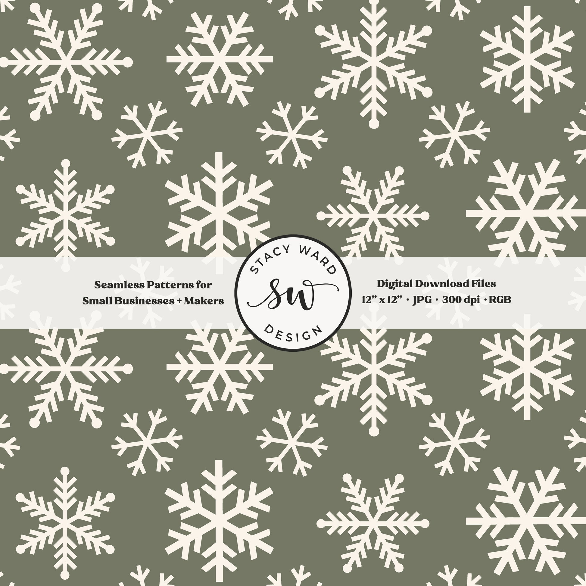 Scandinavian style snowflakes seamless pattern in cream on olive green tossed allover ice crystals