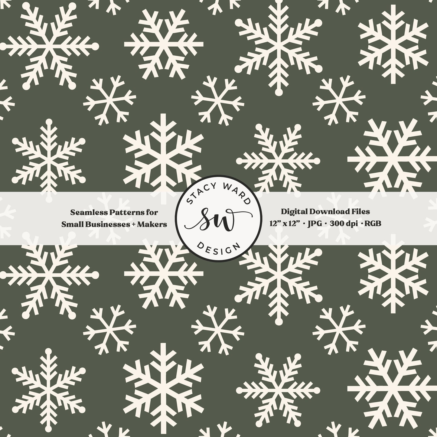 Scandinavian style snowflakes seamless pattern in cream on forest green tossed allover ice crystals