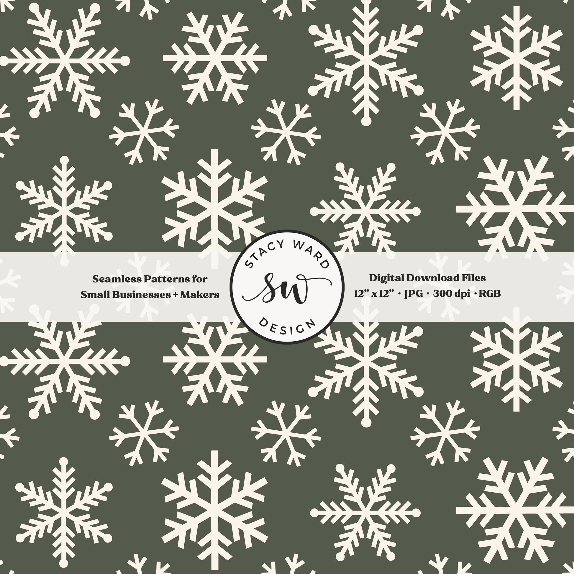 Scandinavian style snowflakes seamless pattern in cream on forest green tossed allover ice crystals