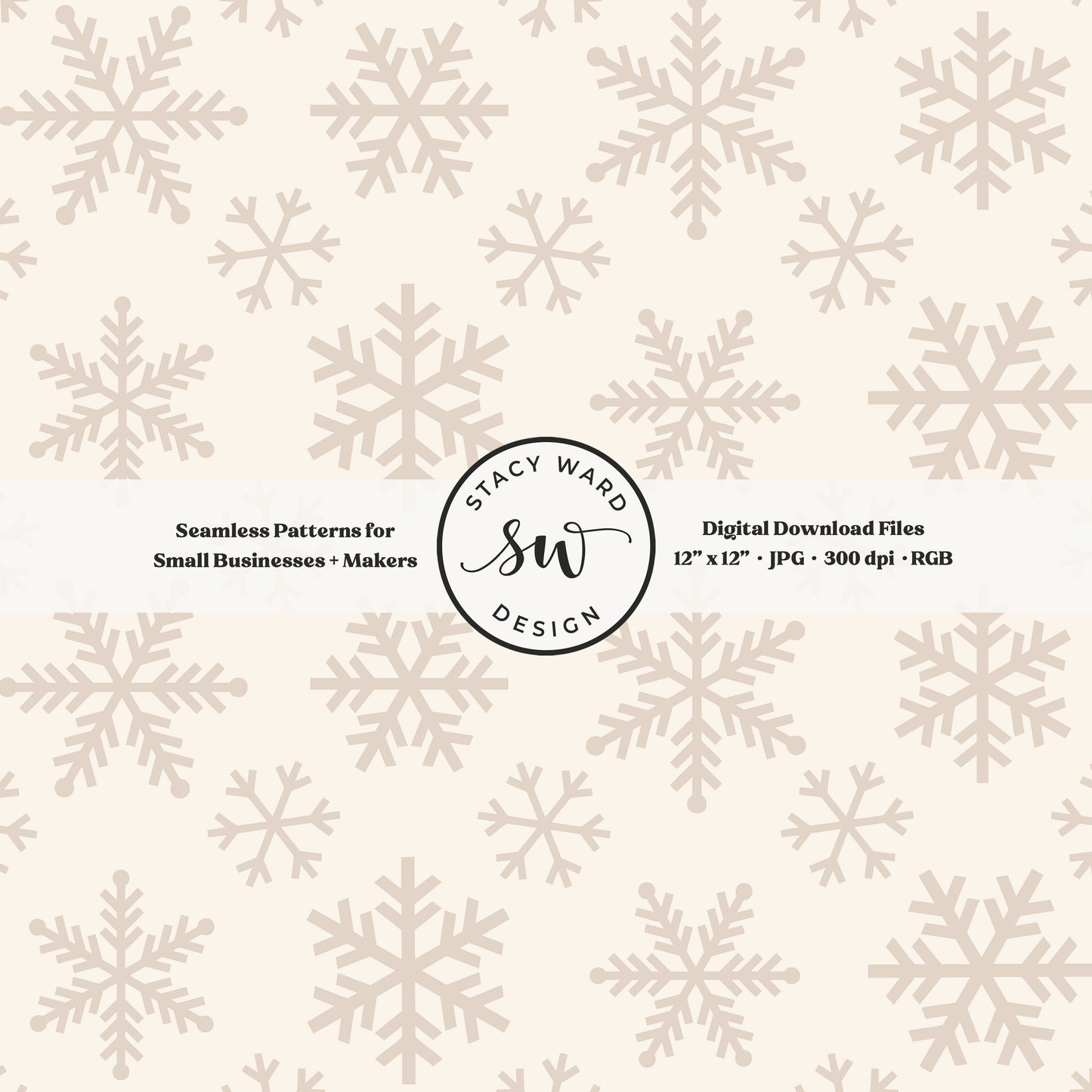 Nordic inspired snowflakes seamless pattern in neutral tan on cream tossed allover ice crystals