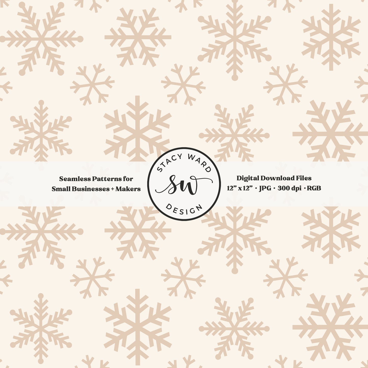 Nordic inspired snowflakes seamless pattern in warm beige on cream tossed allover ice crystals
