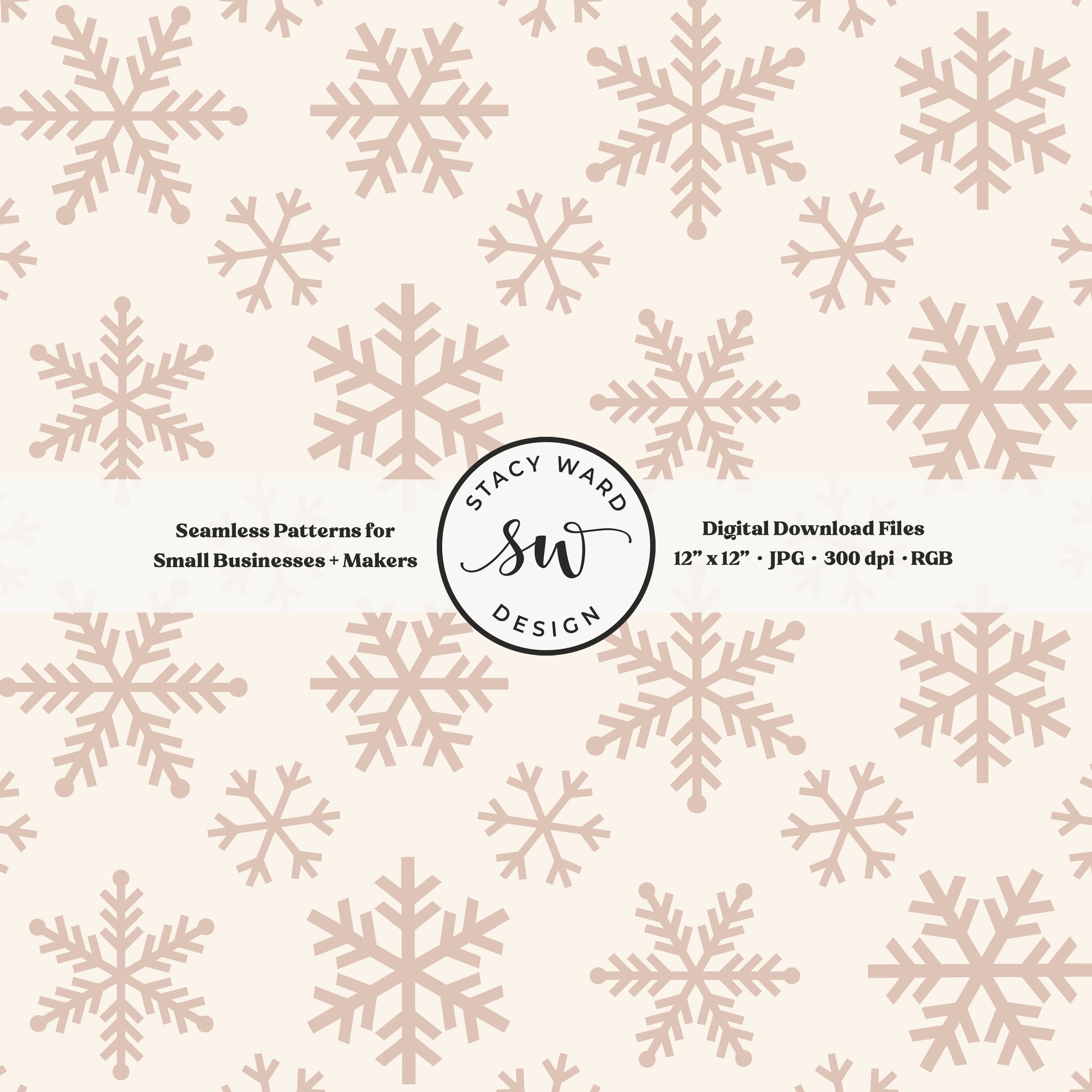 Nordic inspired snowflakes seamless pattern in blush pink on cream tossed allover ice crystals