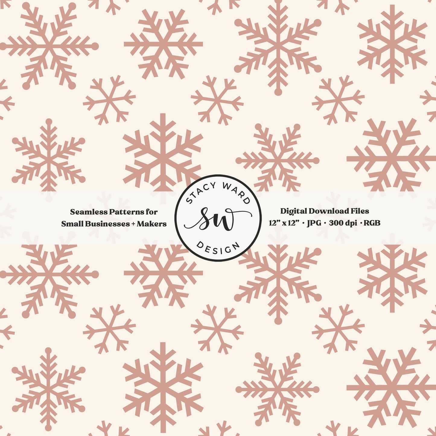 Nordic inspired snowflakes seamless pattern in dusty rose on cream tossed allover ice crystals