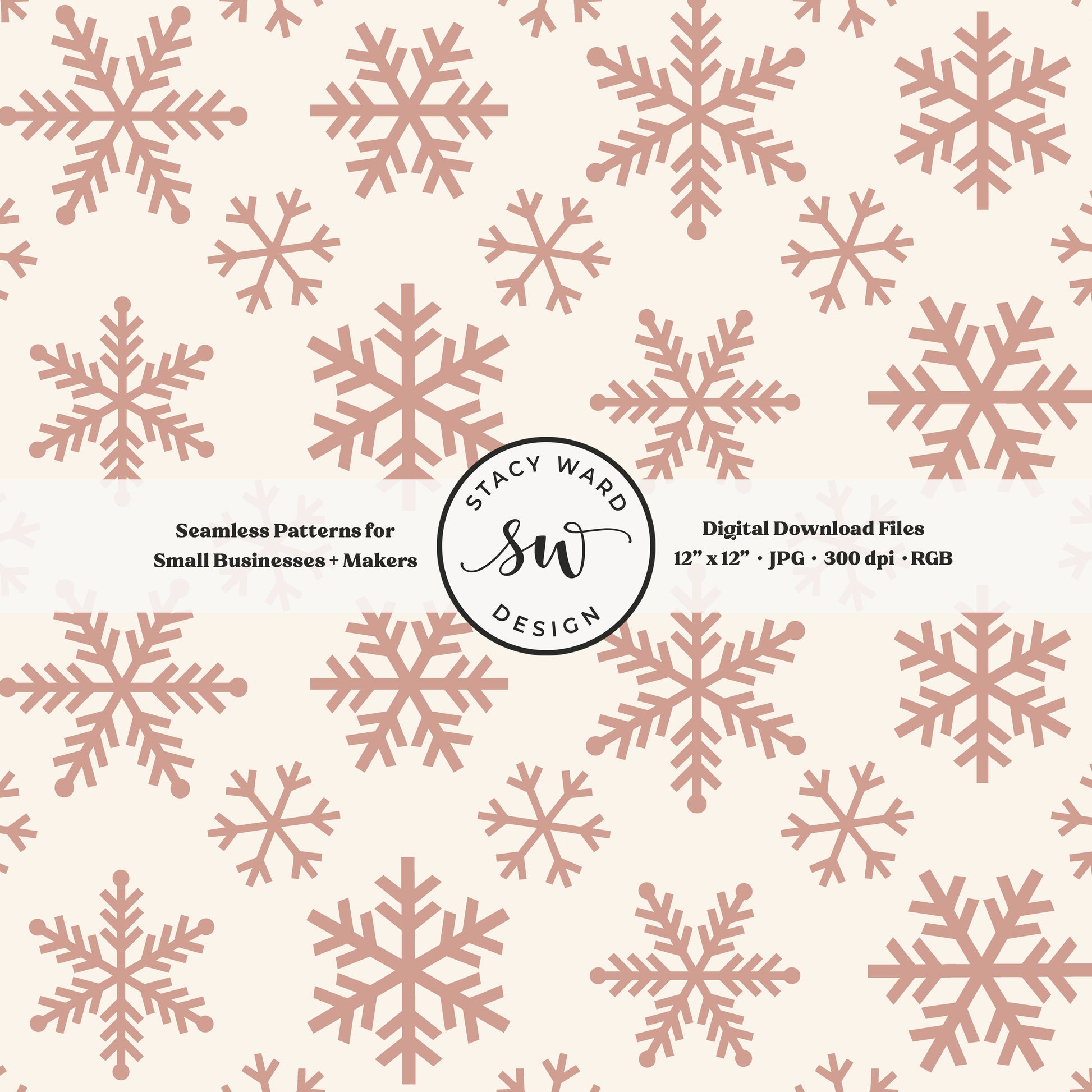 Nordic inspired snowflakes seamless pattern in dusty rose on cream tossed allover ice crystals