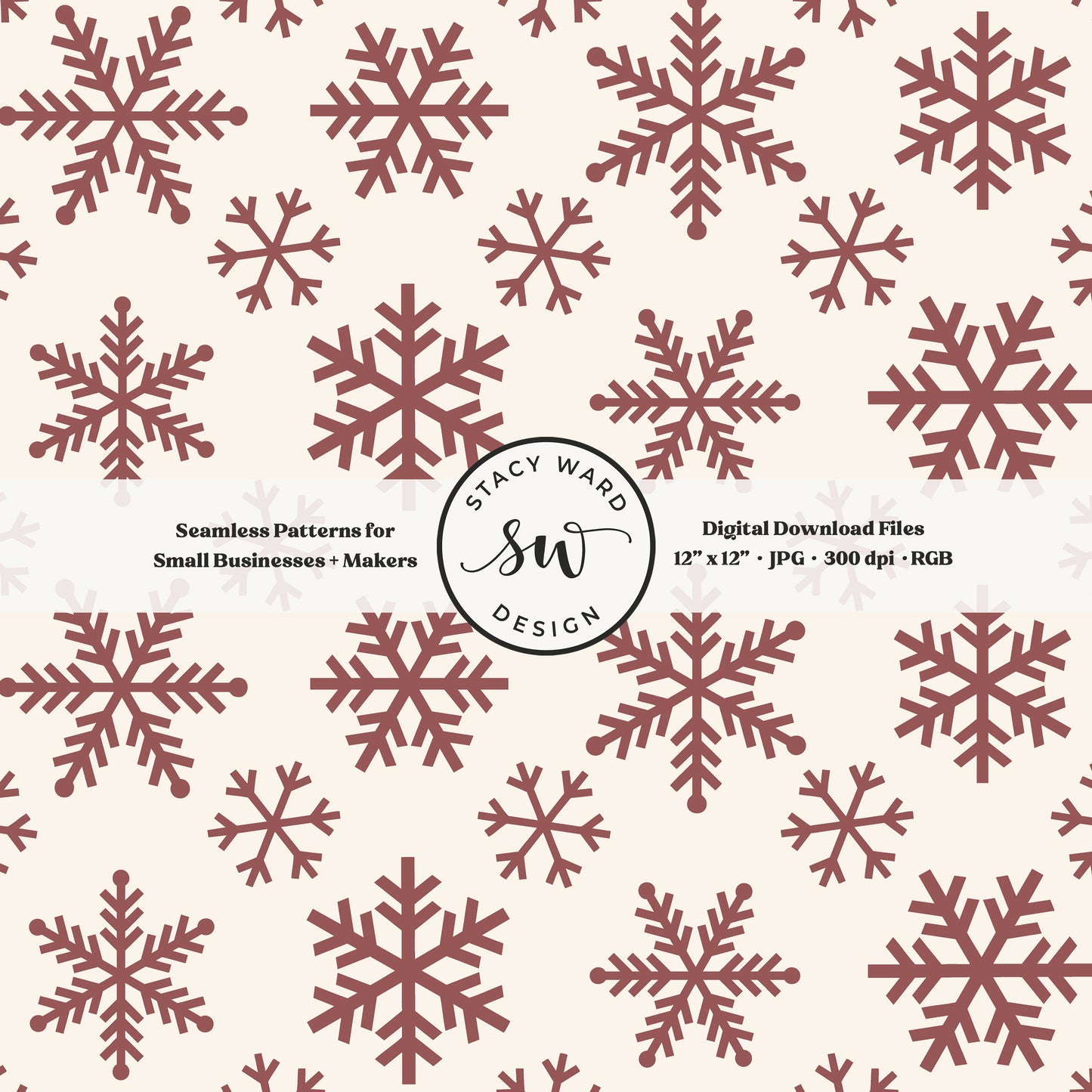 Nordic inspired snowflakes seamless pattern in rose taupe on cream tossed allover ice crystals