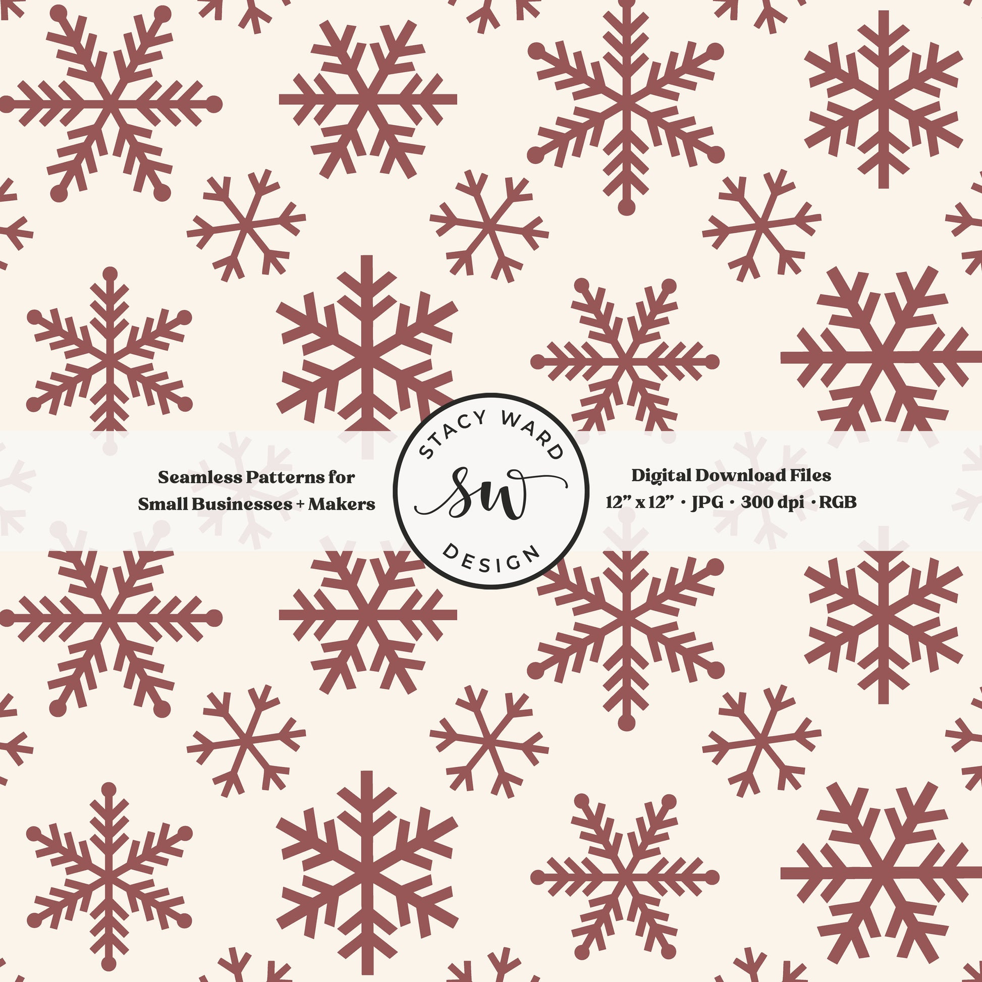 Nordic inspired snowflakes seamless pattern in rose taupe on cream tossed allover ice crystals